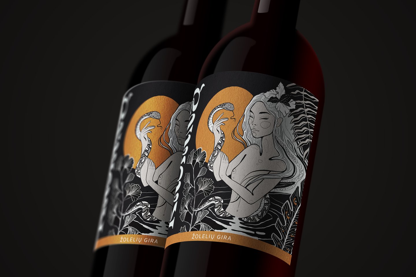 Two dark bottles of Žolelių Gira featuring artistic black and gold labels with a woman and snake illustration.