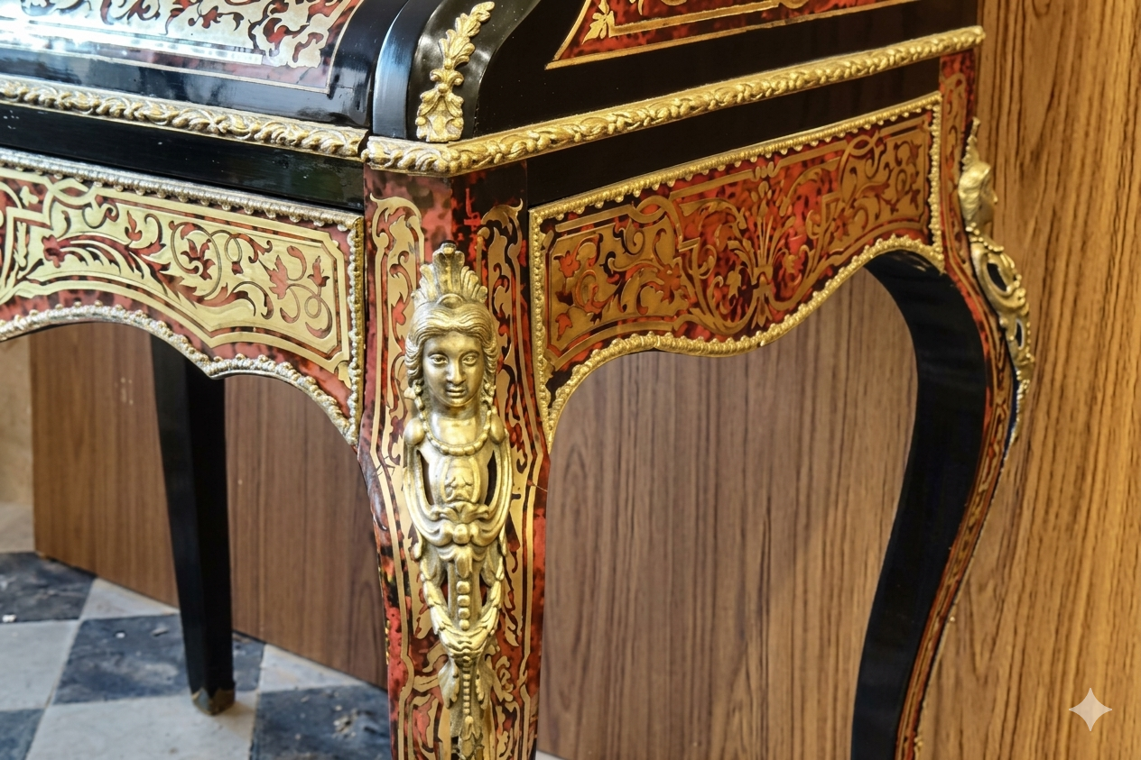 Détail d'un meuble en marqueterie Boulle et bronze doré restauré à l'Atelier l'Am'arante