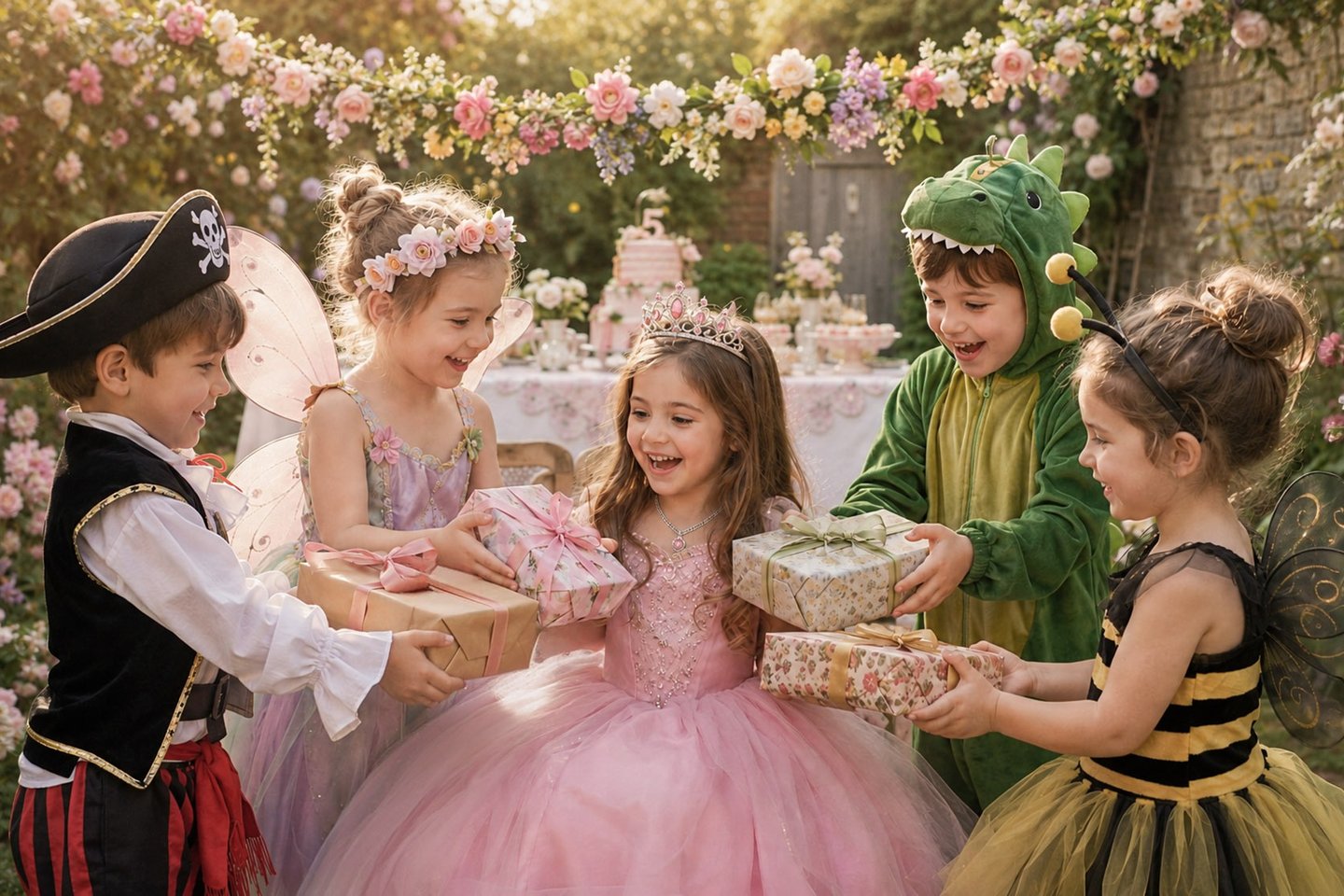 children's birthday party in an English country walled garden with children wearing fancy dress