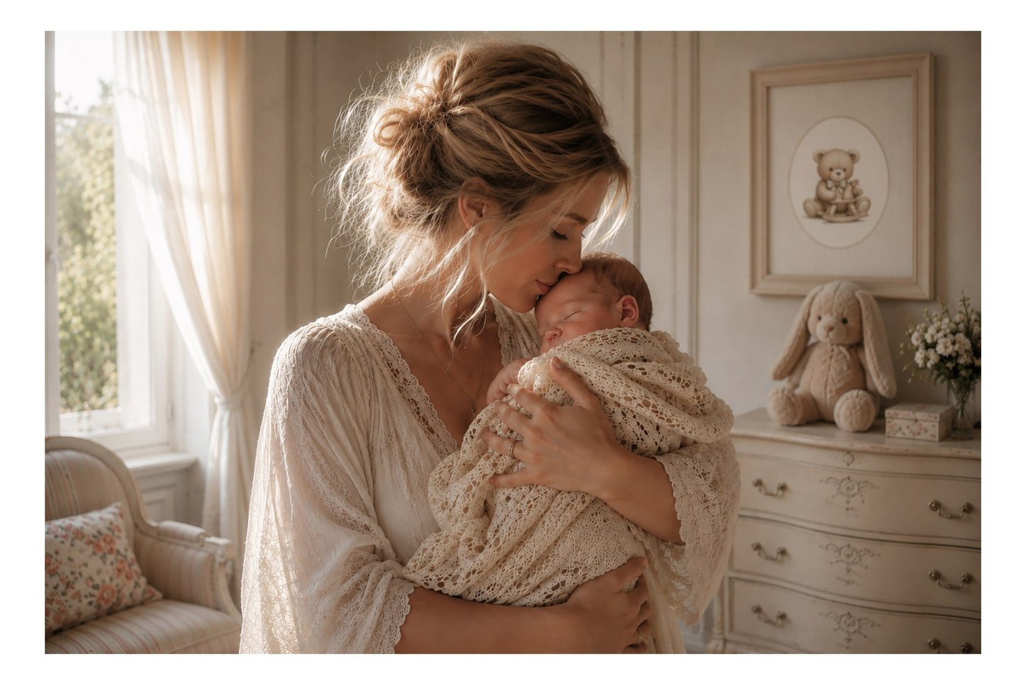 Mother gently kissing her sleeping newborn in a cosy nursery with teddy bear wall art, a safe, warm and deeply loved space.
