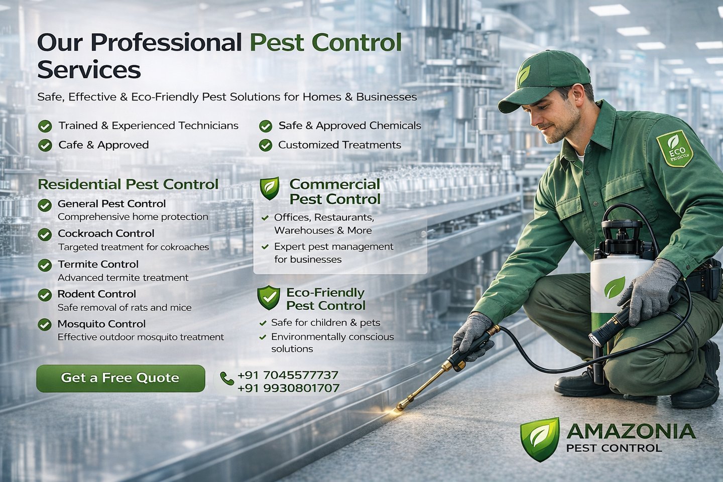 Professional pest control technician performing eco-friendly termite and cockroach treatment for home and business.