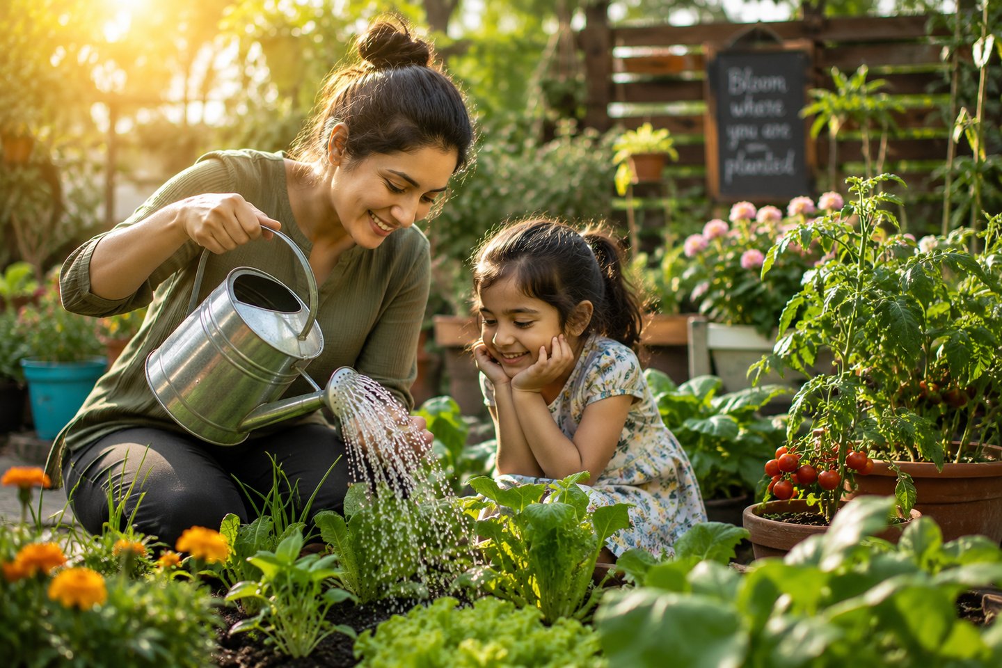Beginner gardener watering healthy vegetable and flower plants in a sunny home garden