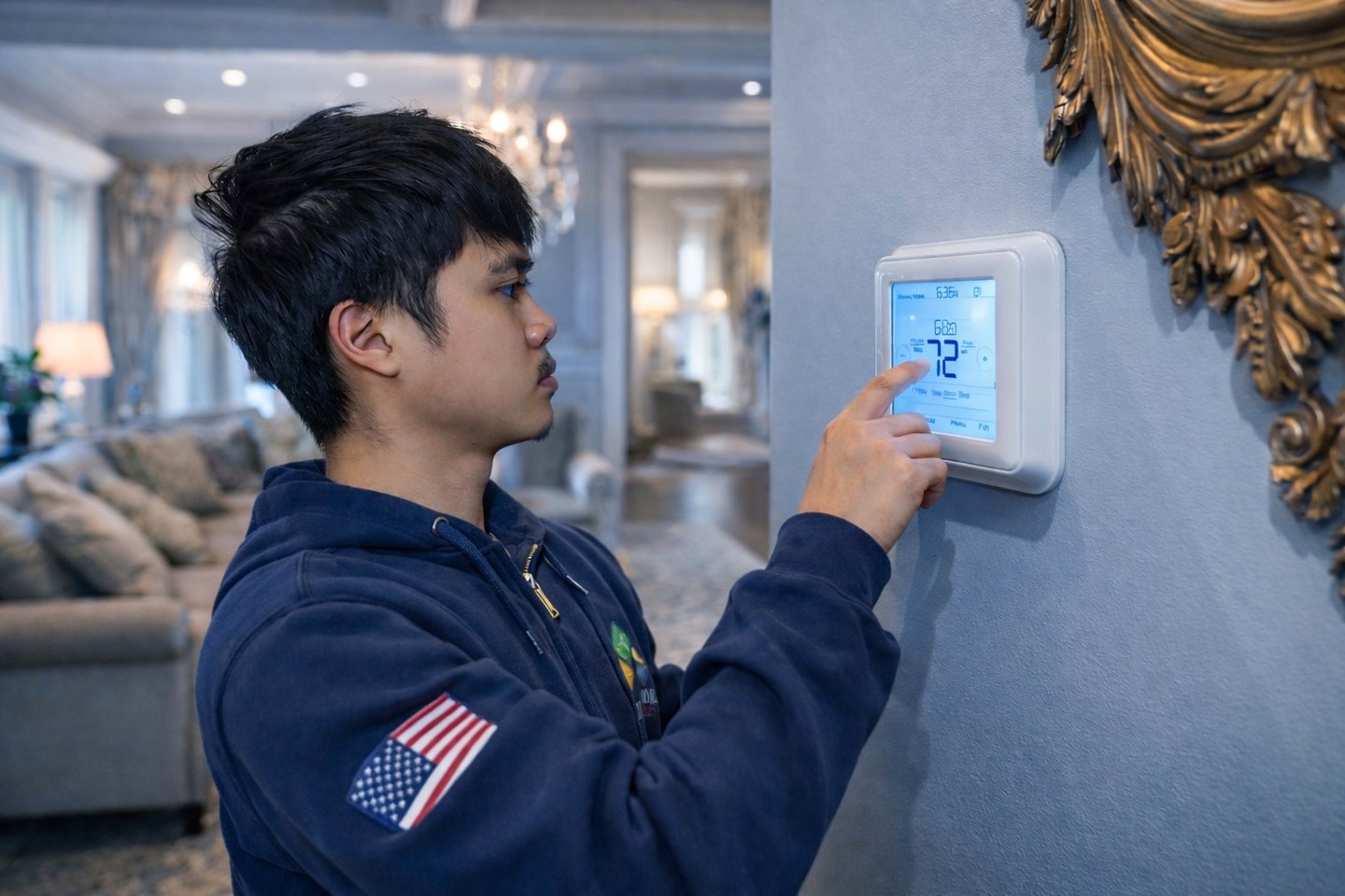 A man adjusts a digital smart thermostat on a wall to control home HVAC temperature settings.