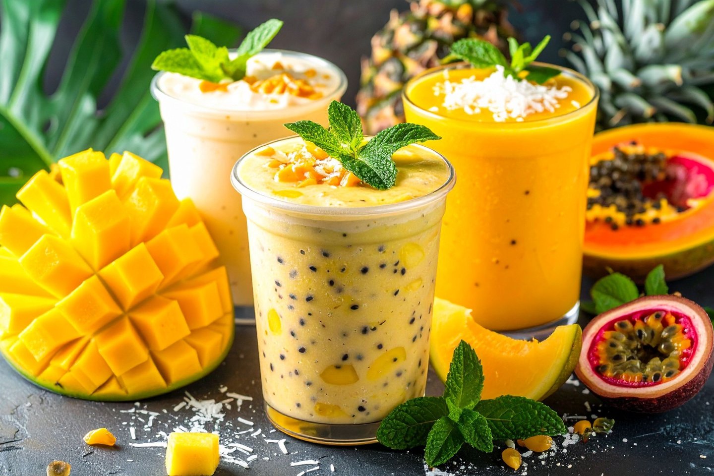 Refreshing tropical fruit smoothies made with fresh mango, passion fruit, and papaya garnished with mint.