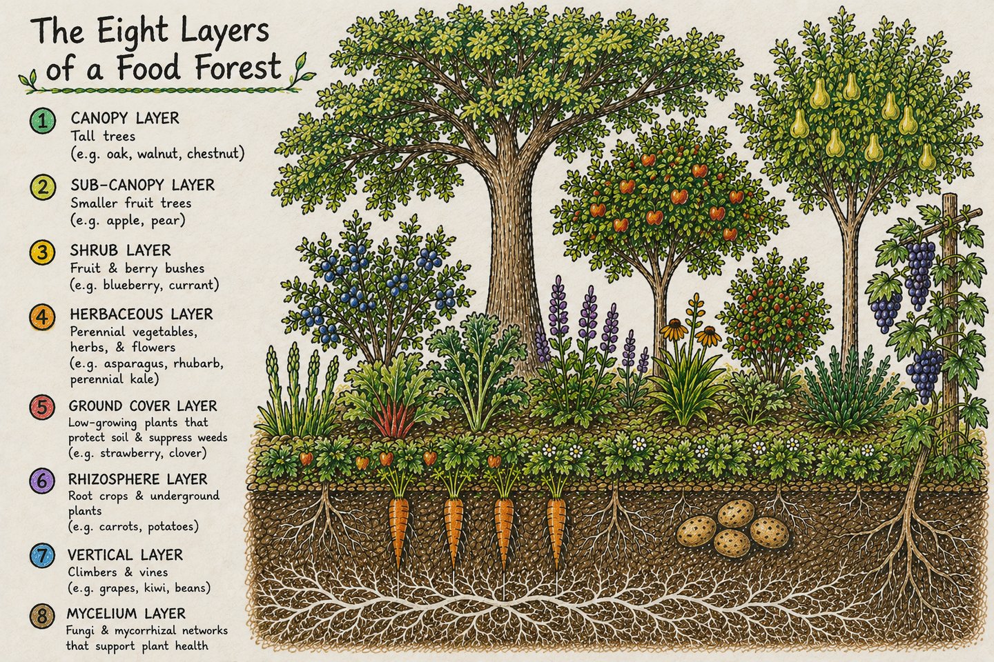The eight layers of the food forest illustrated