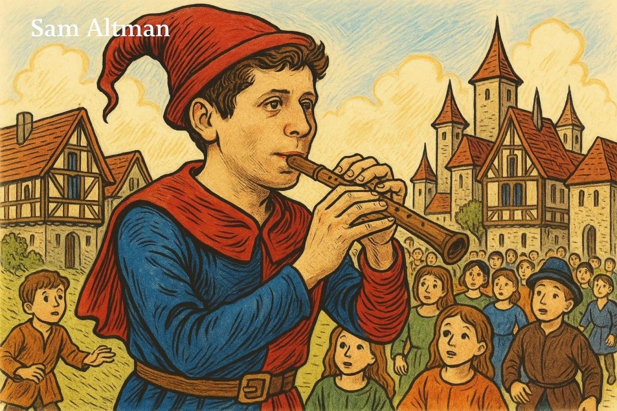 Sam Altman Flautista de Hamelín in a red hat playing a trumpet