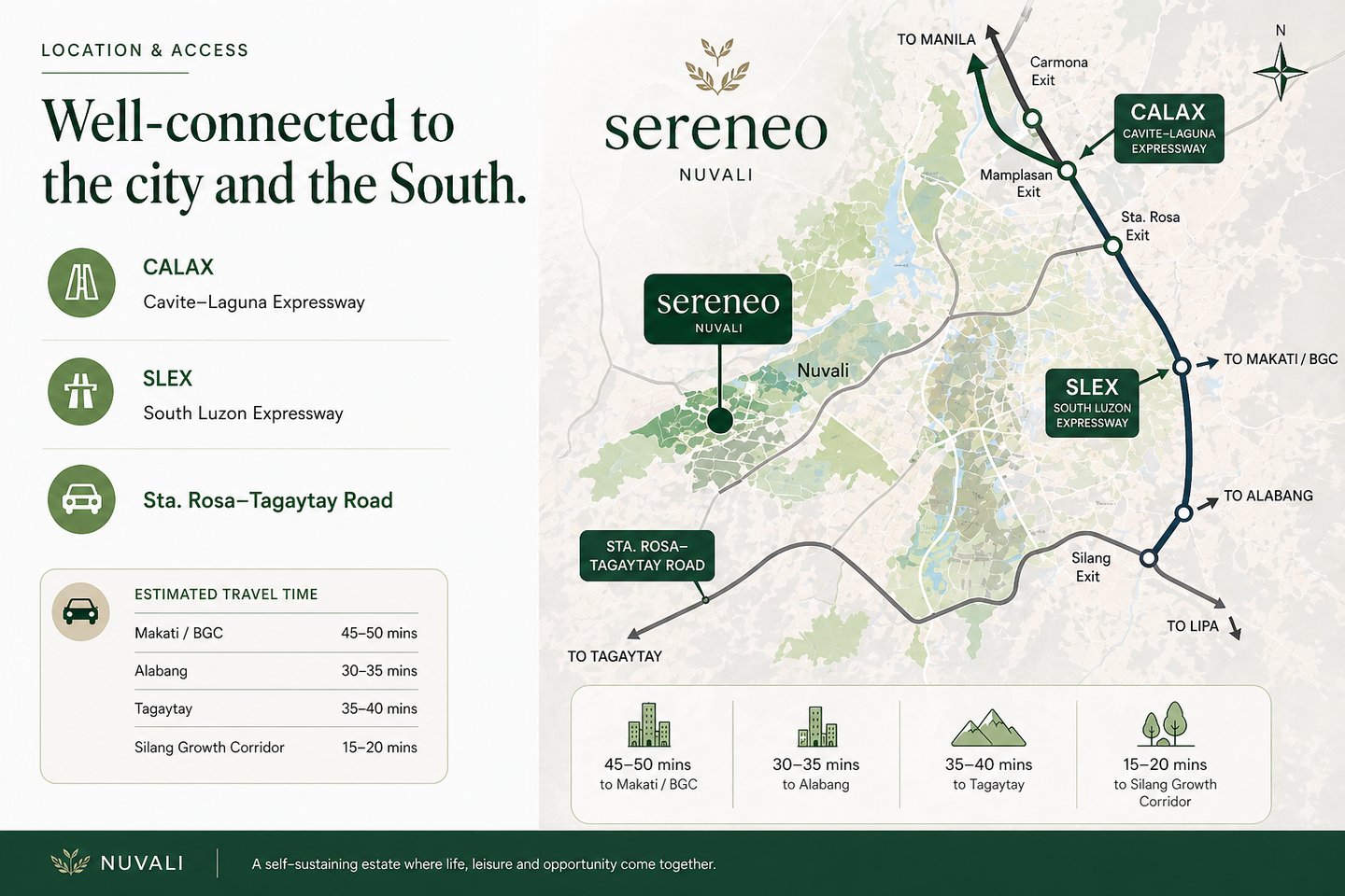 Sereneo location map inside Nuvali Laguna near CALAX SLEX and Sta Rosa Tagaytay Road