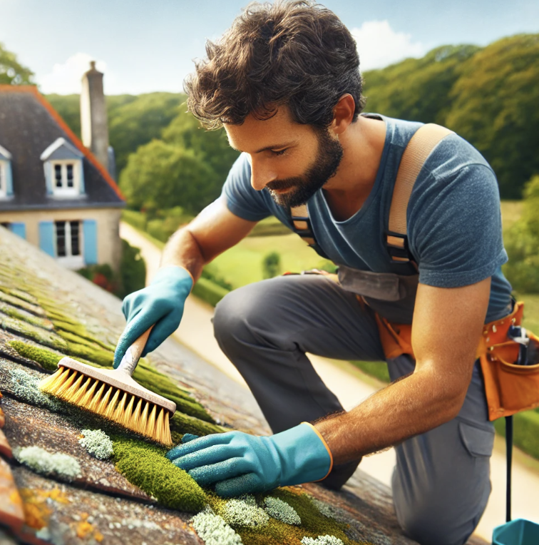 Couvreur nettoyant minutieusement la mousse et le lichen d'un toit en tuiles à l'aide d'une brosse.