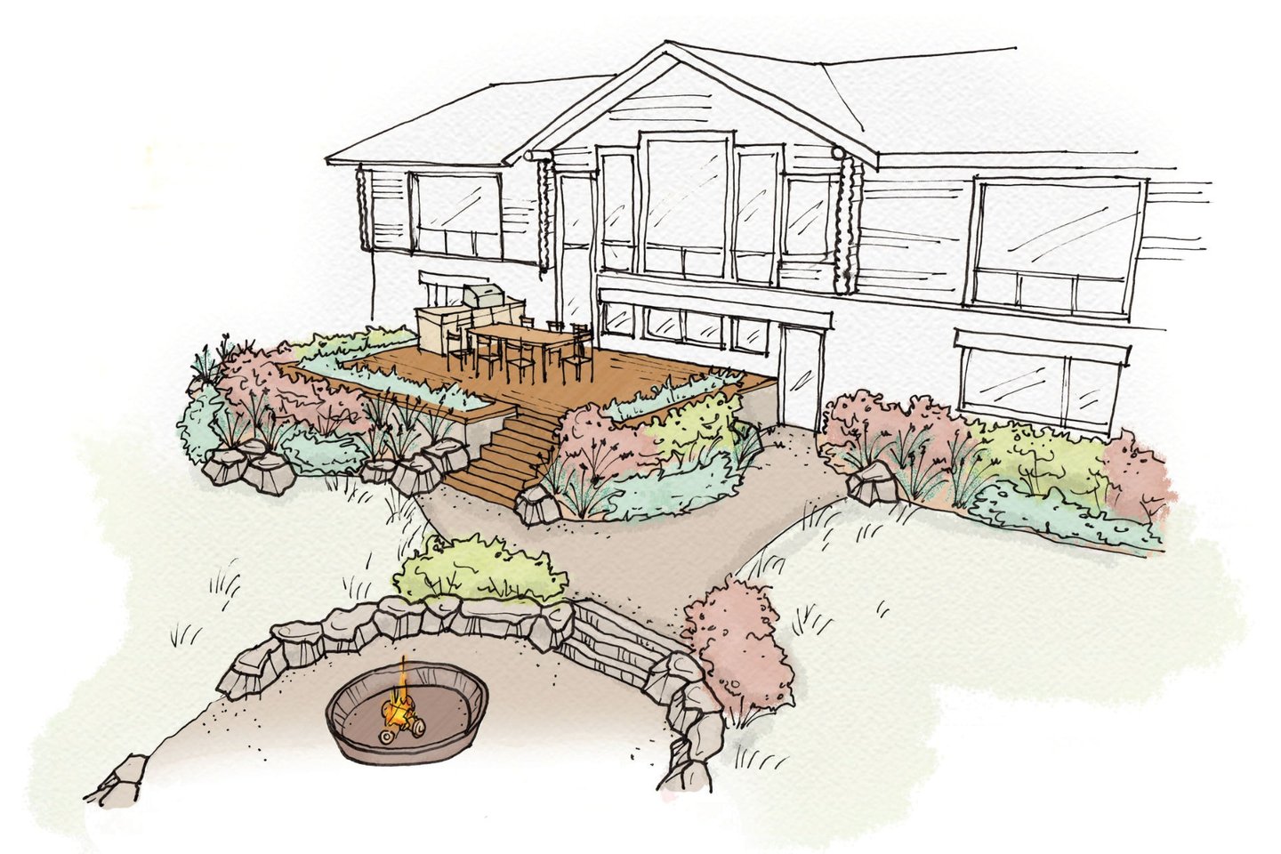a sketch of a house with a fire pit