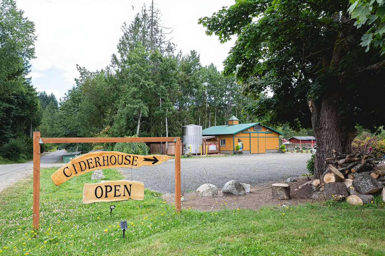Rustic wooden ciderhouse open sign at a local hard cider orchard and cidery building.