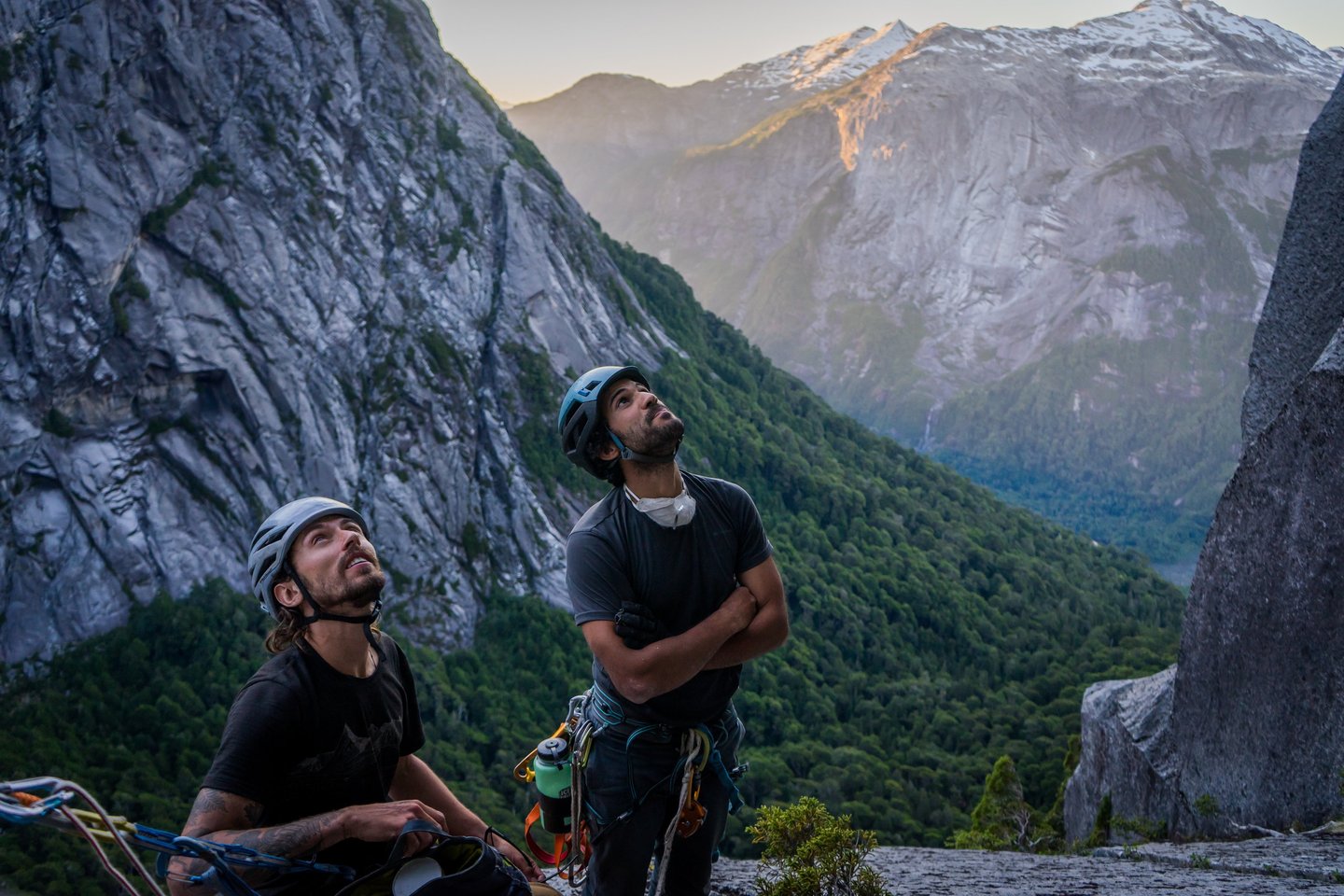 Climbers inspect their work after a day of big wall route development in Cochamó, Chile