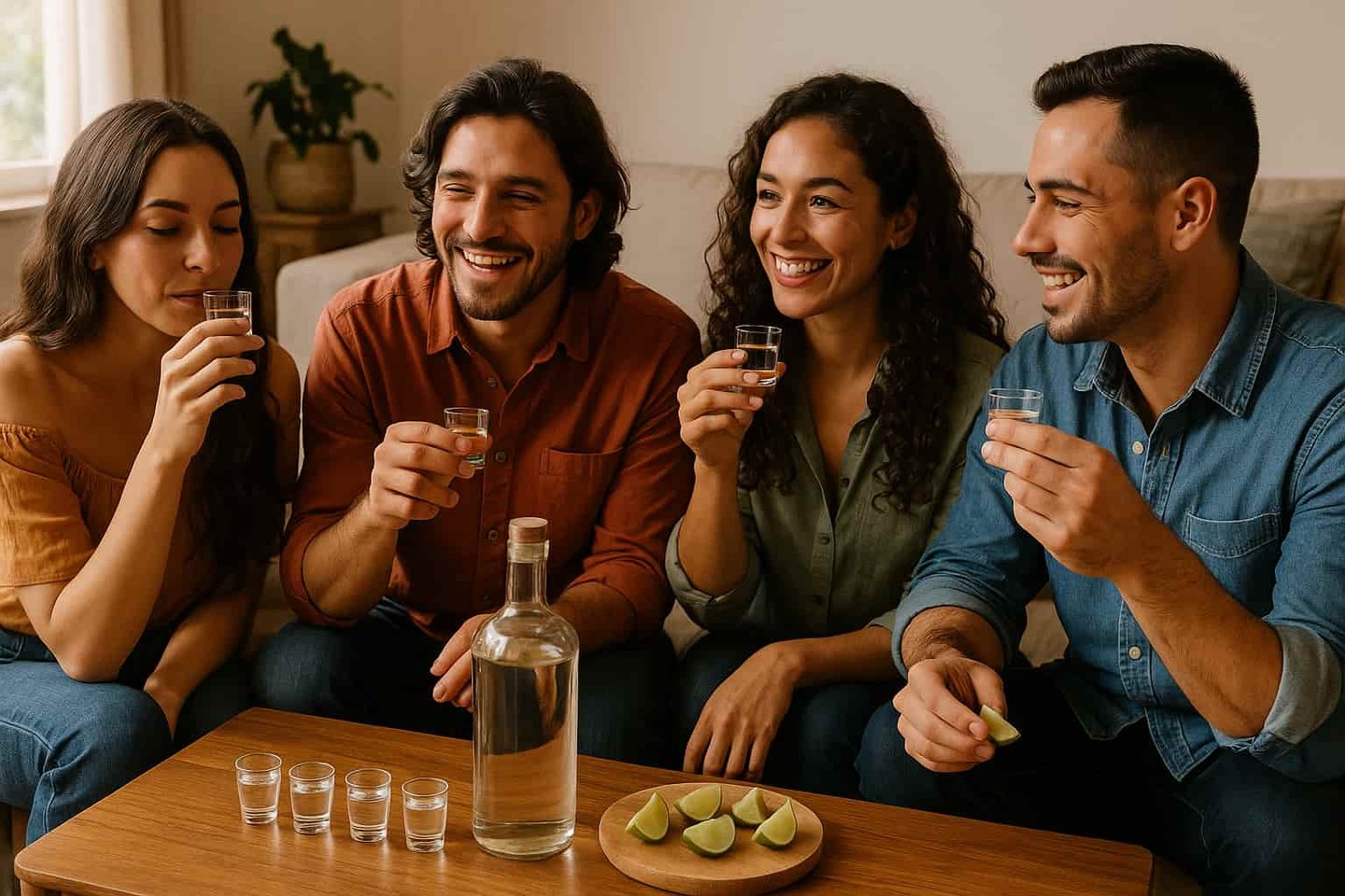 Grupo de amigos disfrutando de una cata de mezcal auténtico en casa
