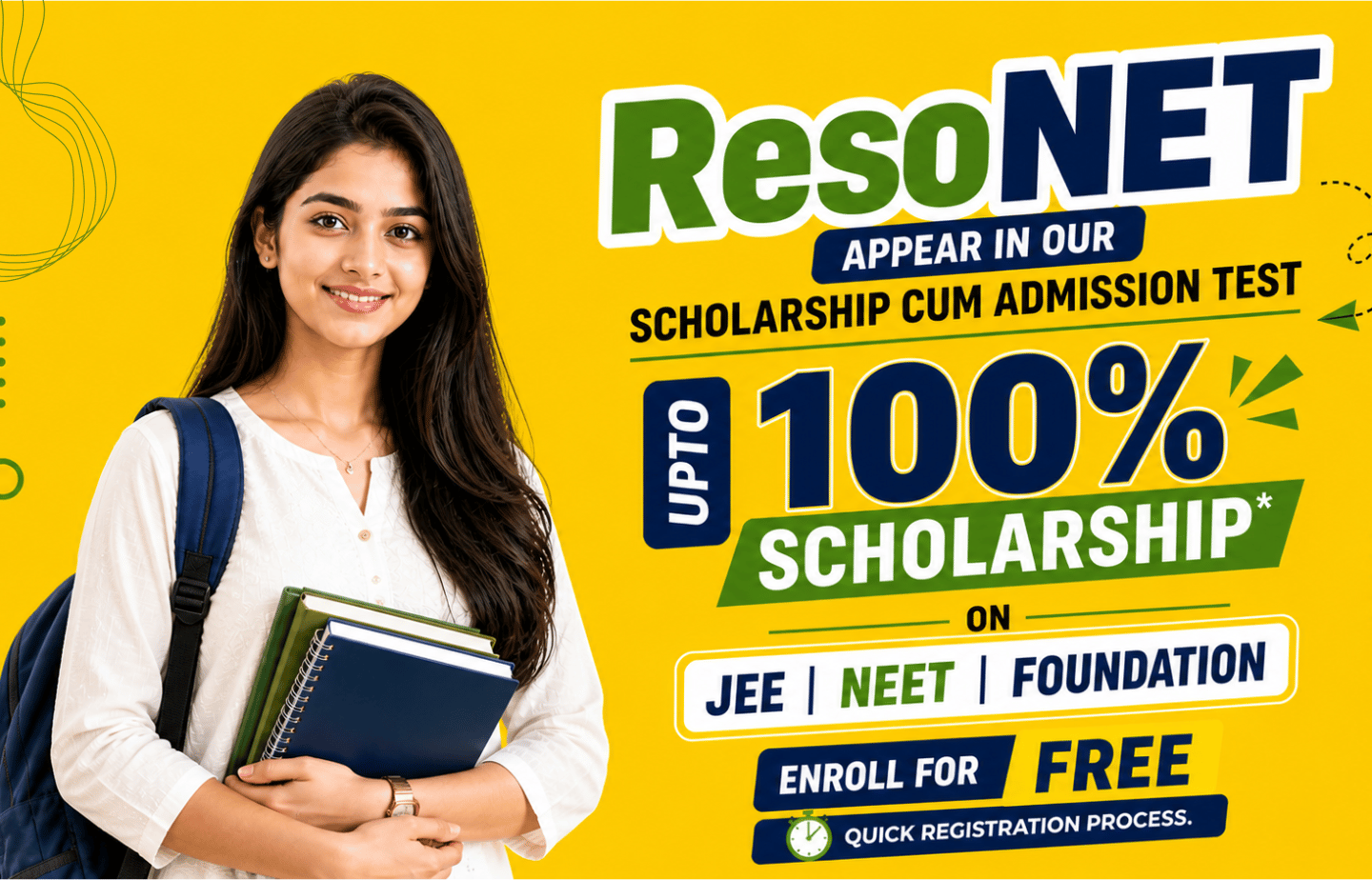 A student holding books for ResoNET 100% scholarship cum admission test for JEE and NEET coaching.