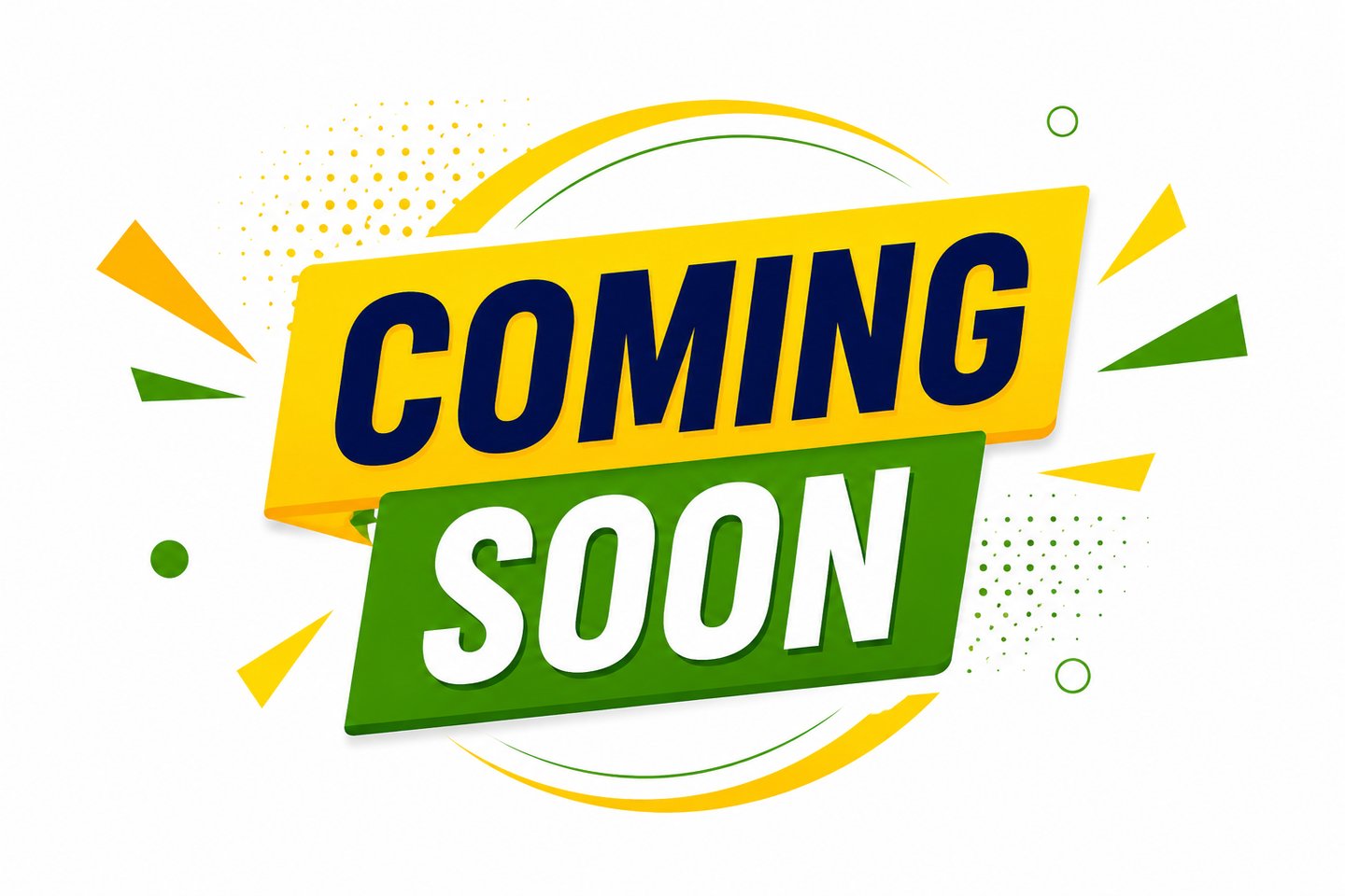 Vibrant coming soon announcement banner with bold yellow and green typography for product launches.