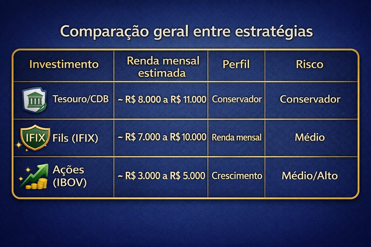 Tabela comparativa de investimentos entre Tesouro, IFIX e IBOV com renda mensal estimada e risco.