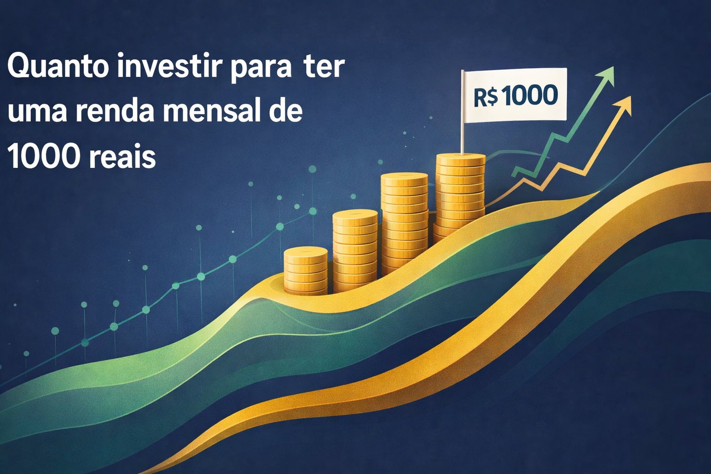 Gráfico de crescimento financeiro com moedas de ouro e texto sobre renda mensal de 1000 reais.