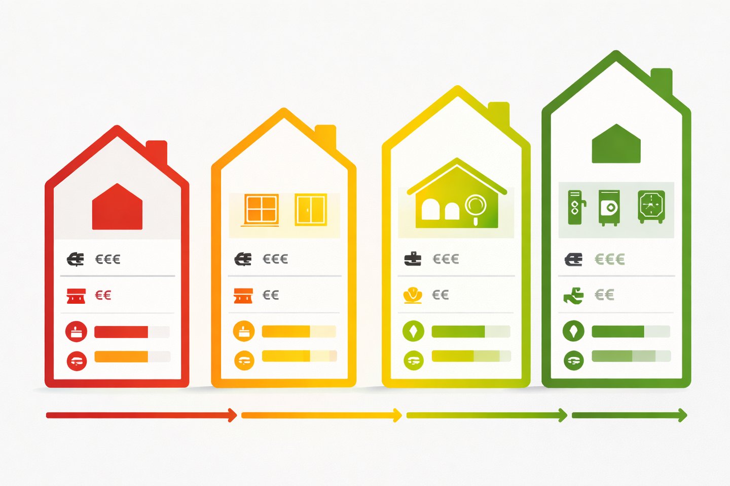 Darstellung eines Sanierungsfahrplans mit energetischen Zuständen von unsaniert bis energieeffizient