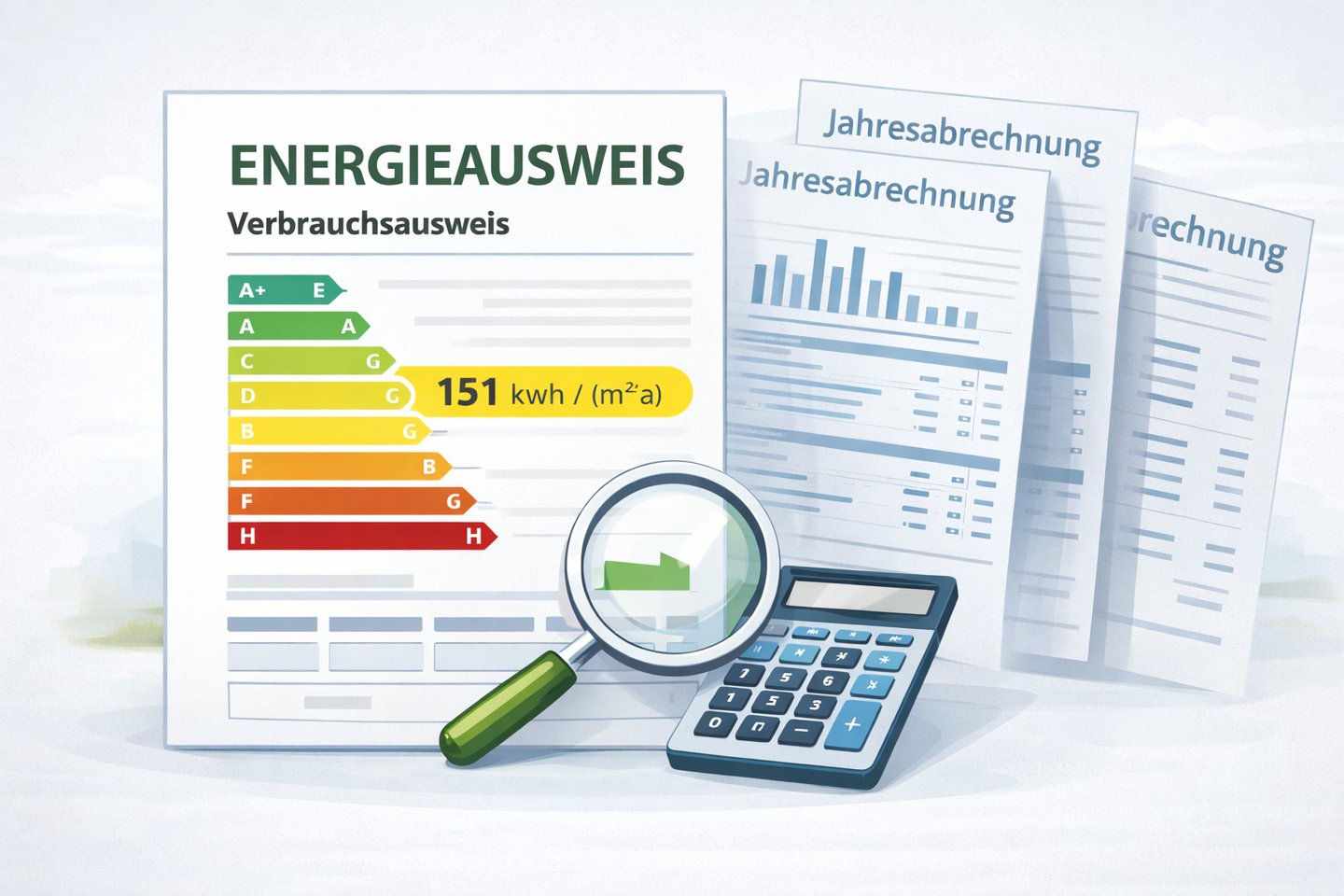 Verbrauchsausweis mit Energieeffizienzskala und Verbrauchsdaten aus Jahresabrechnungen