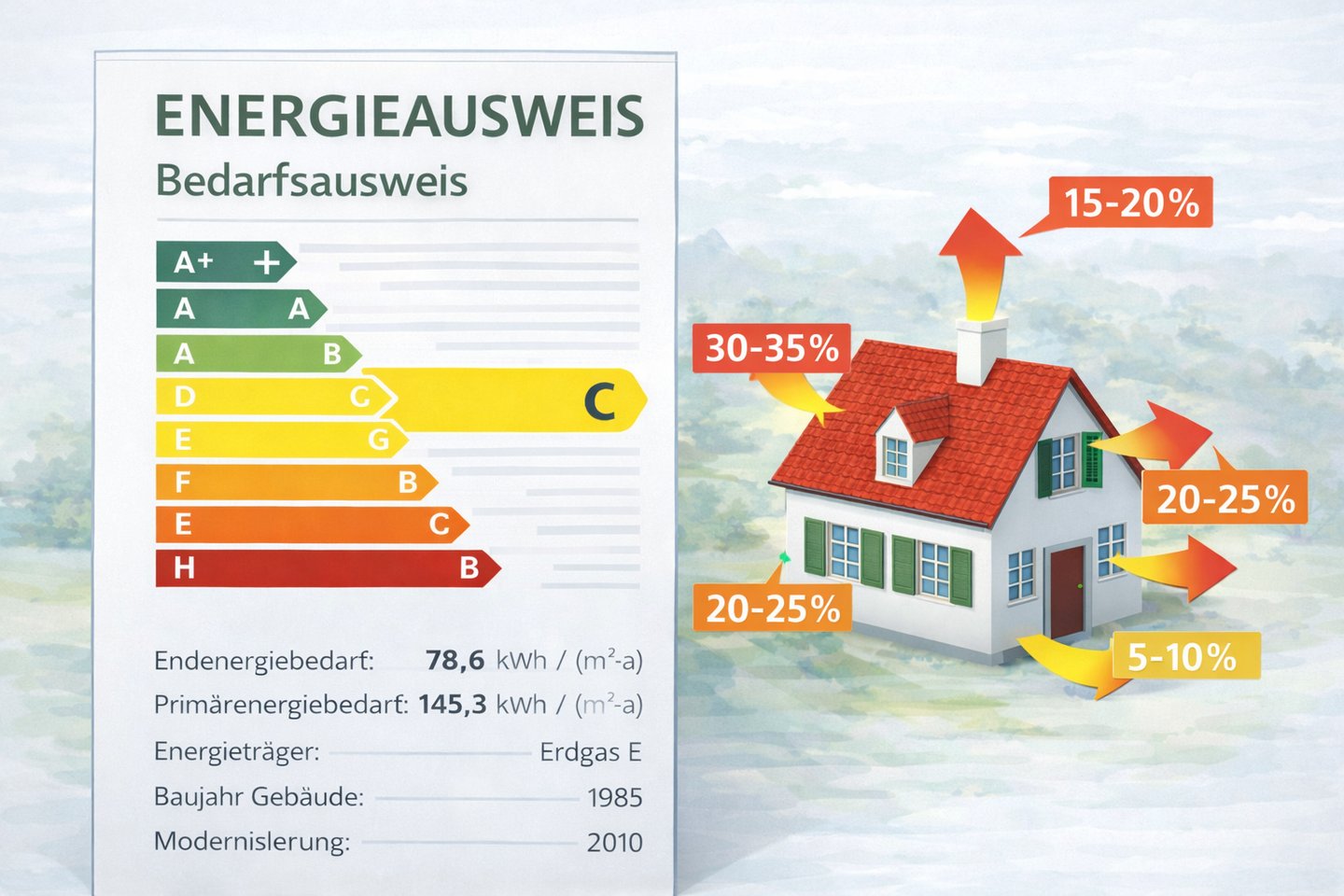 Bedarfsausweis mit Energieeffizienzskala und Darstellung der energetischen Verluste eines Wohngebäud