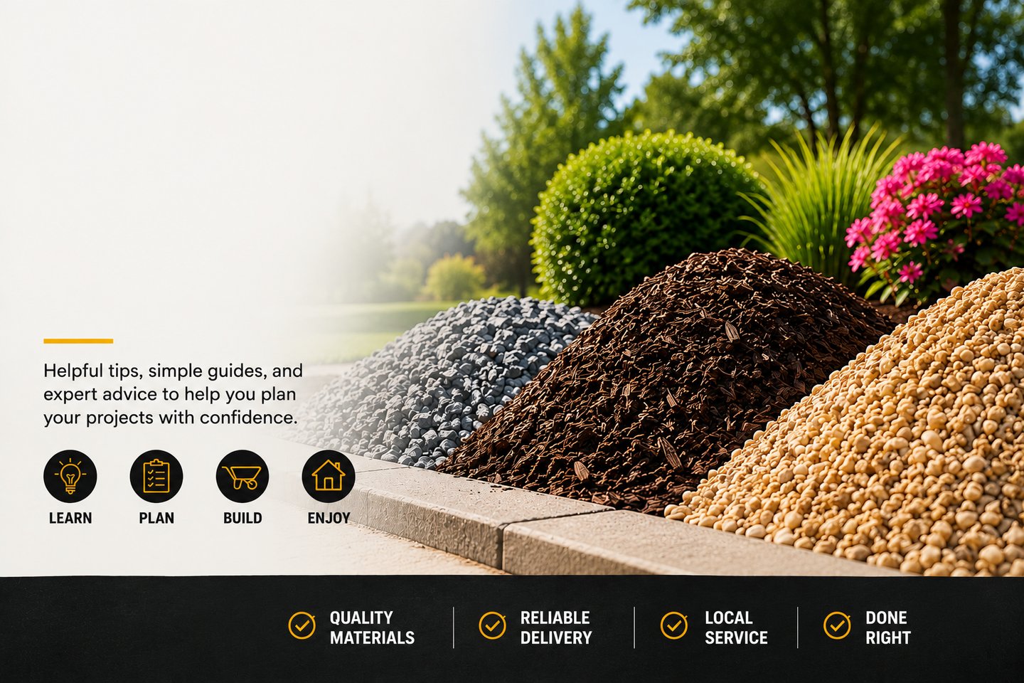 Landscape materials including gravel, hardwood mulch, and decorative stone for landscaping projects