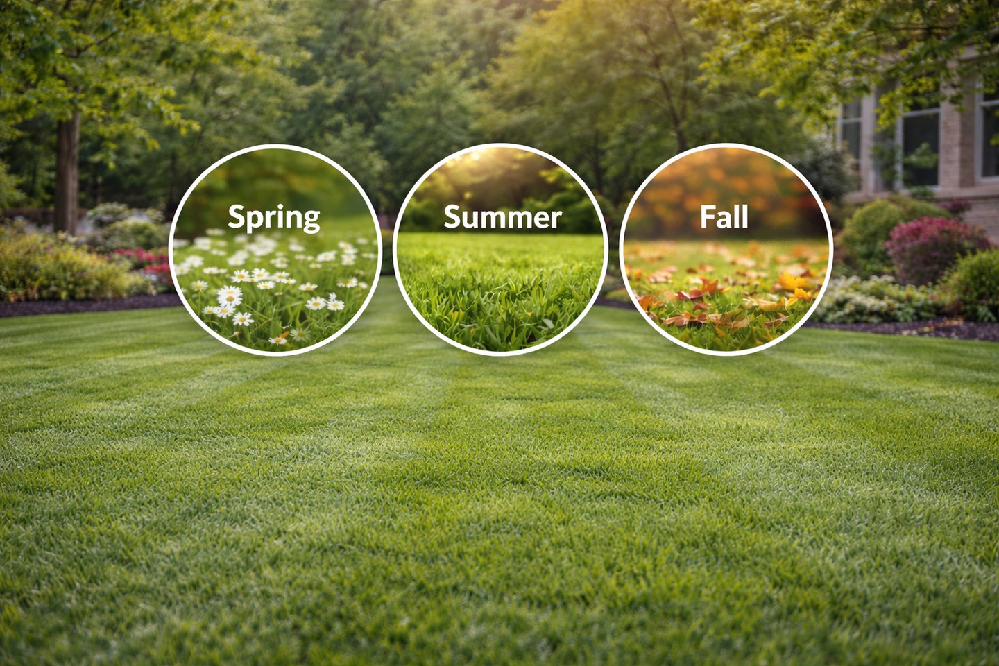 Seasonal lawn treatment program in NC showing spring, summer and fall lawn conditions for year