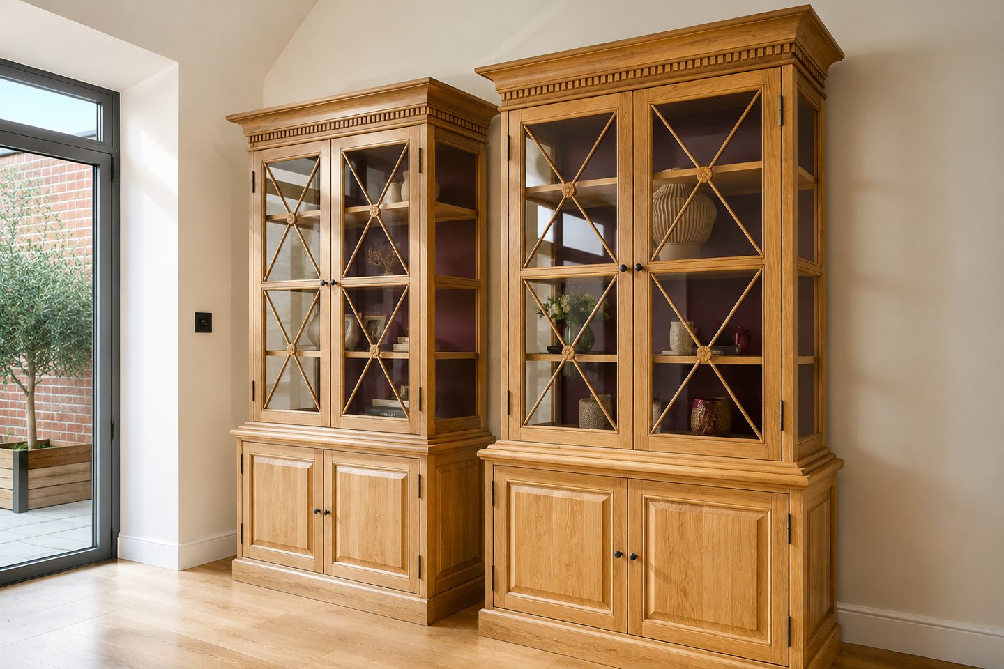 Classic oak storage cabinets with display shelving and built-in storage