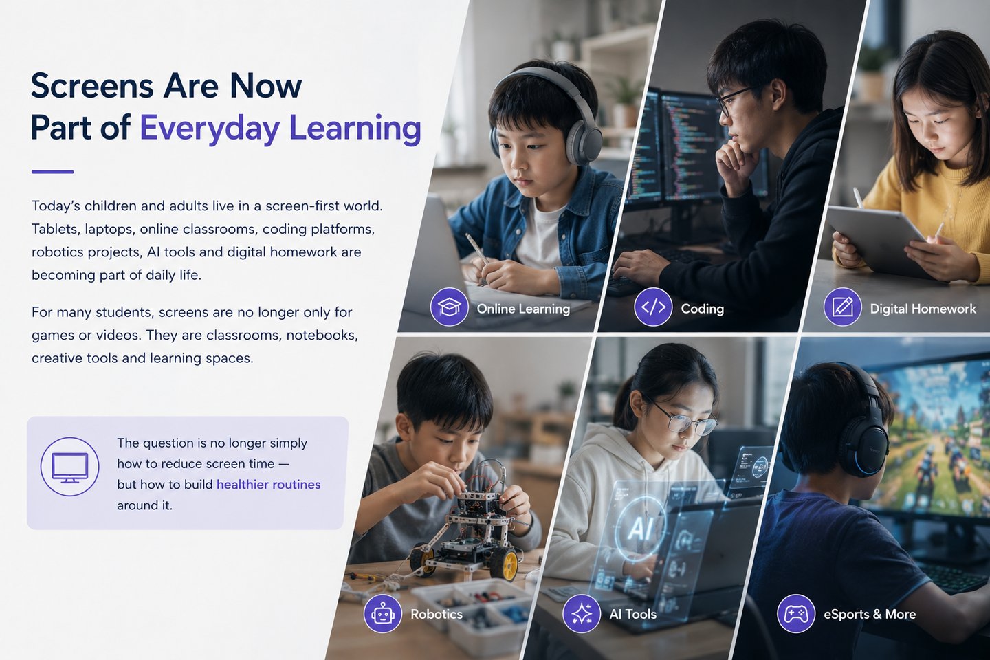 Illustration of students using coding, robotics and digital tools in today's screen-first learning world.
