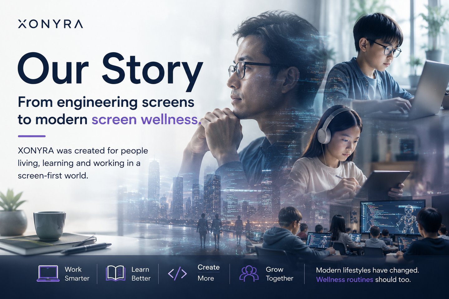 XONYRA Our Story hero image showing screen wellness for modern people living, learning and working.