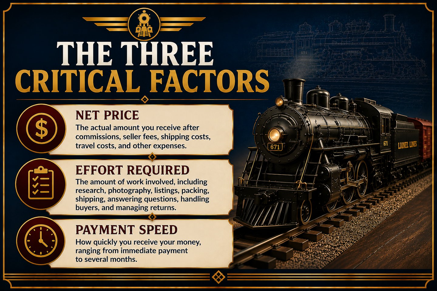 Infographic explaining the three key factors in choosing the best way to sell model trains.
