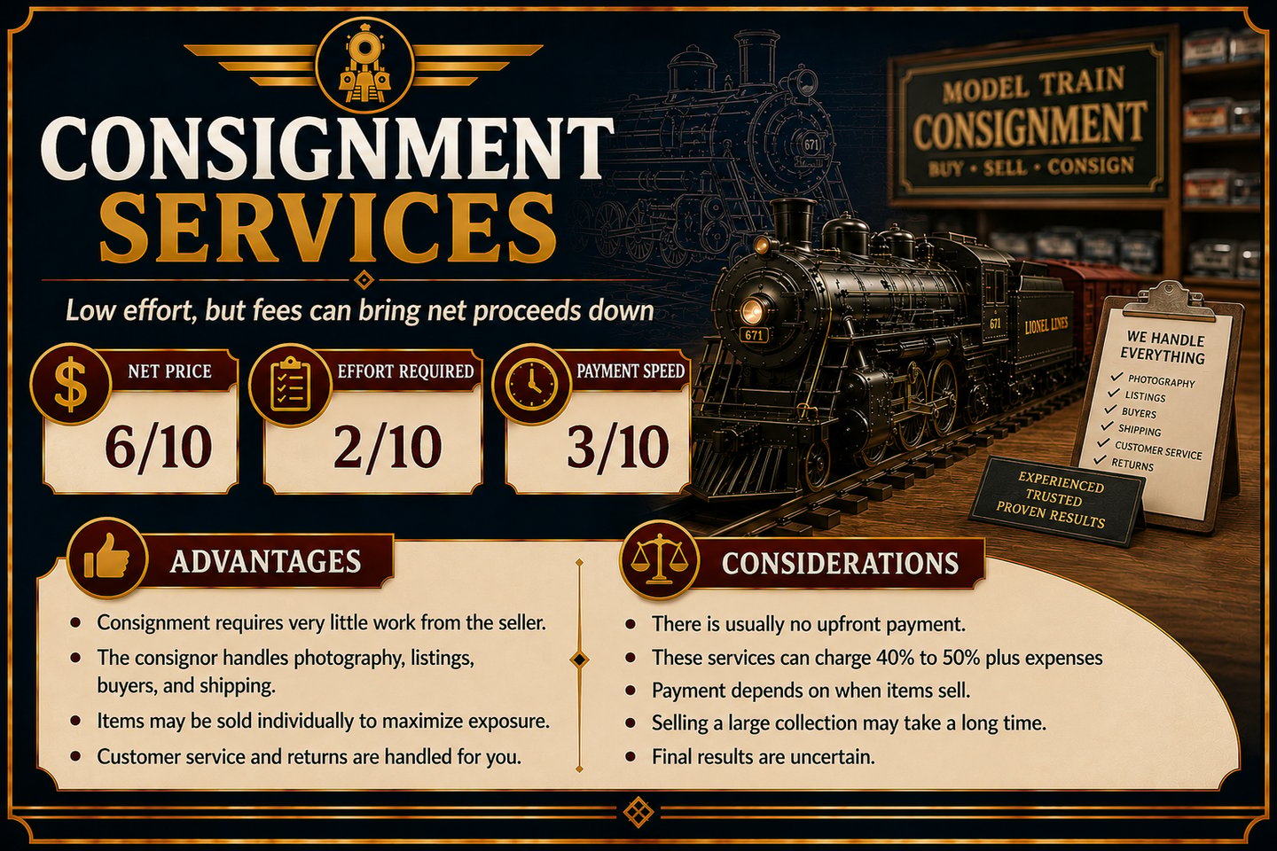 Infographic explaining the advantages and challenges of selling model trains on consignment.