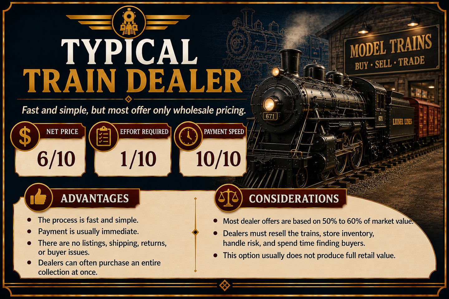 Infographic explaining the advantages and challenges of selling model trains to a dealer.
