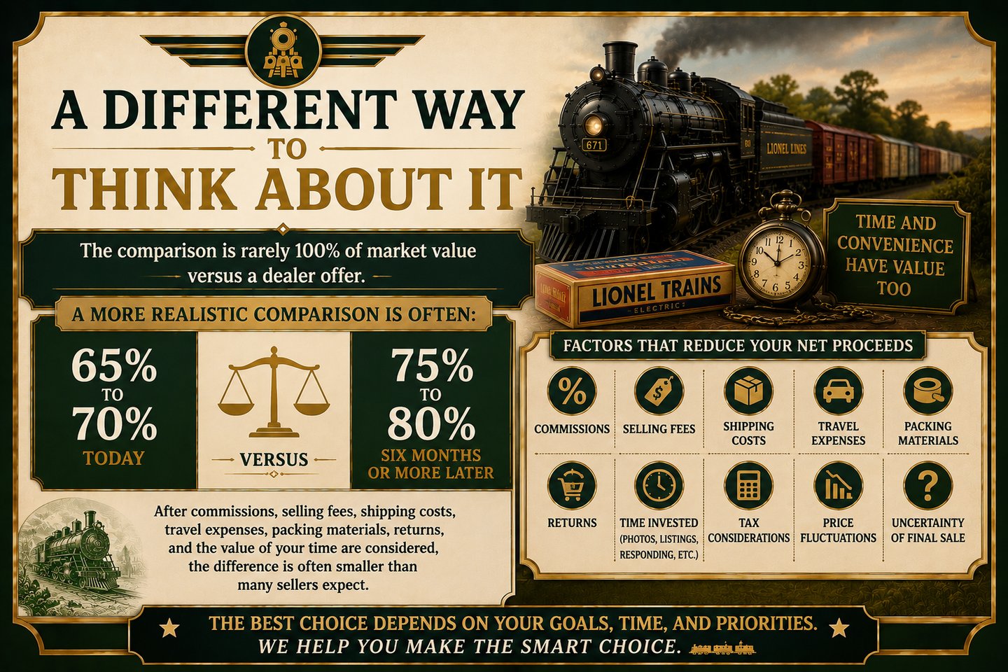 Infographic explaining why net proceeds matter more than the highest selling price for model trains.