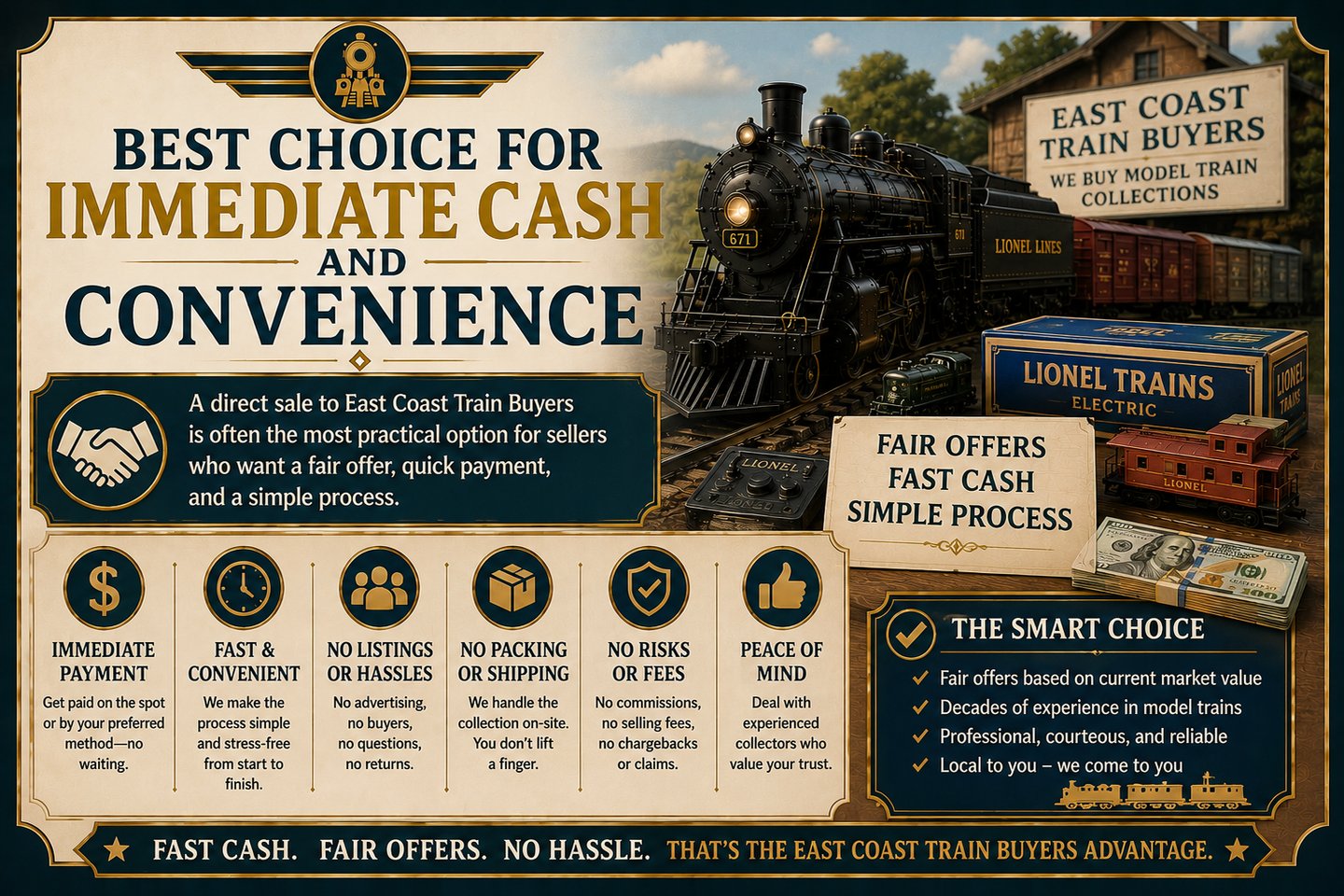 Infographic explaining the benefits of selling model train collections for immediate cash.