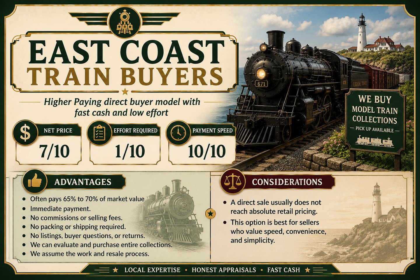 Infographic explaining East Coast Train Buyers' direct purchase process for model train collections.