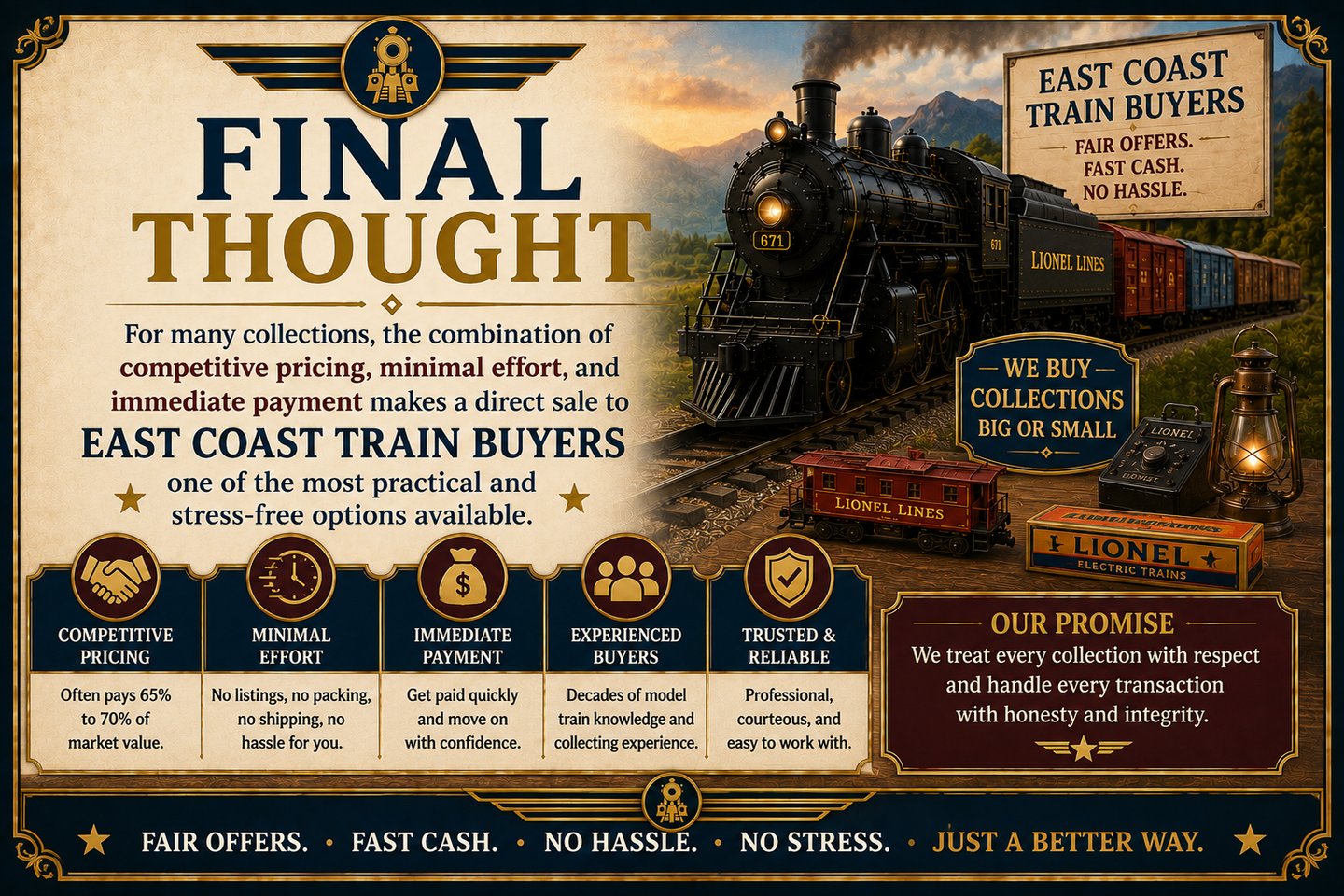 Infographic summarizing the benefits of selling a model train collection to East Coast Train Buyers.