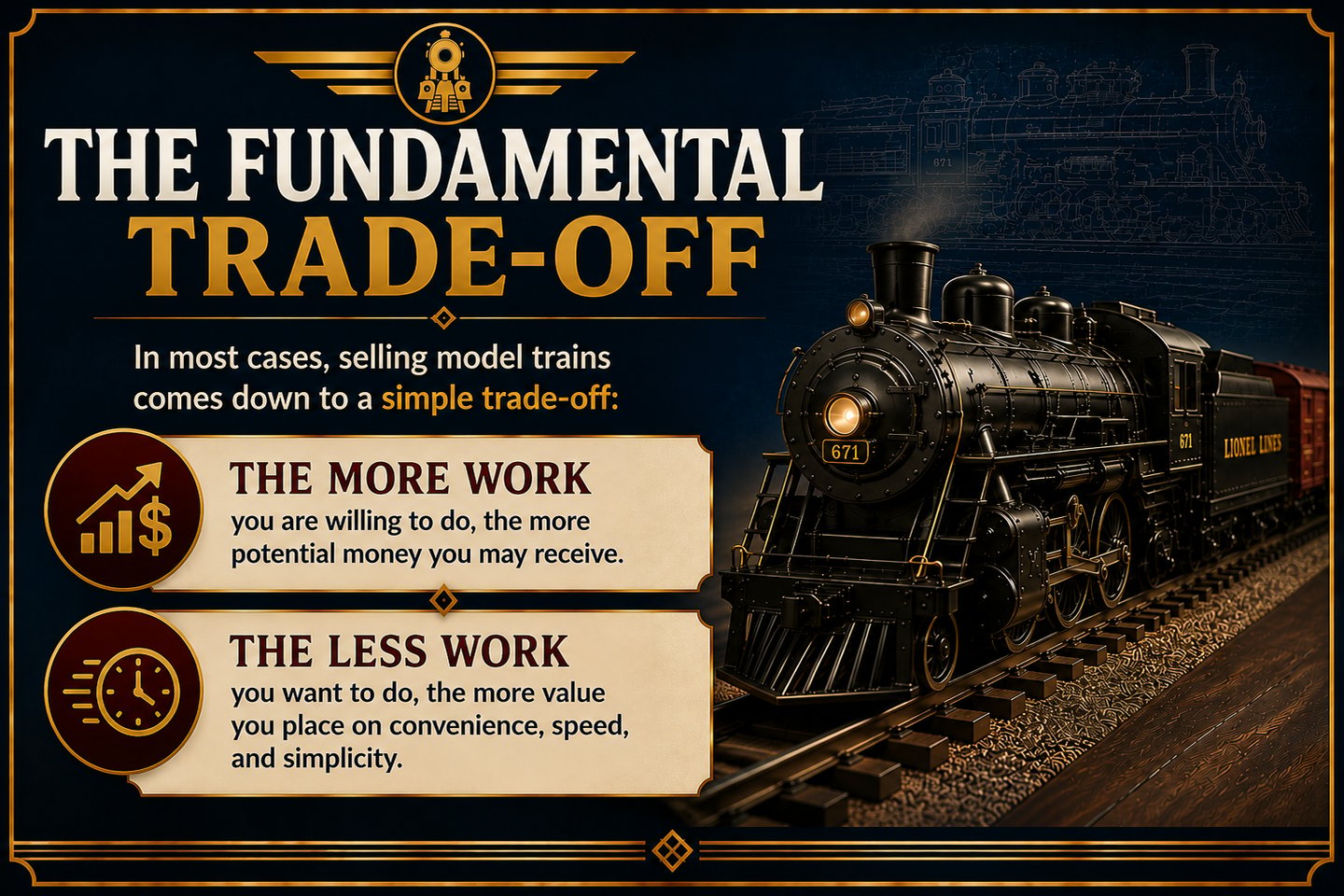 Infographic explaining the trade-offs between price, effort, and speed when selling model trains.