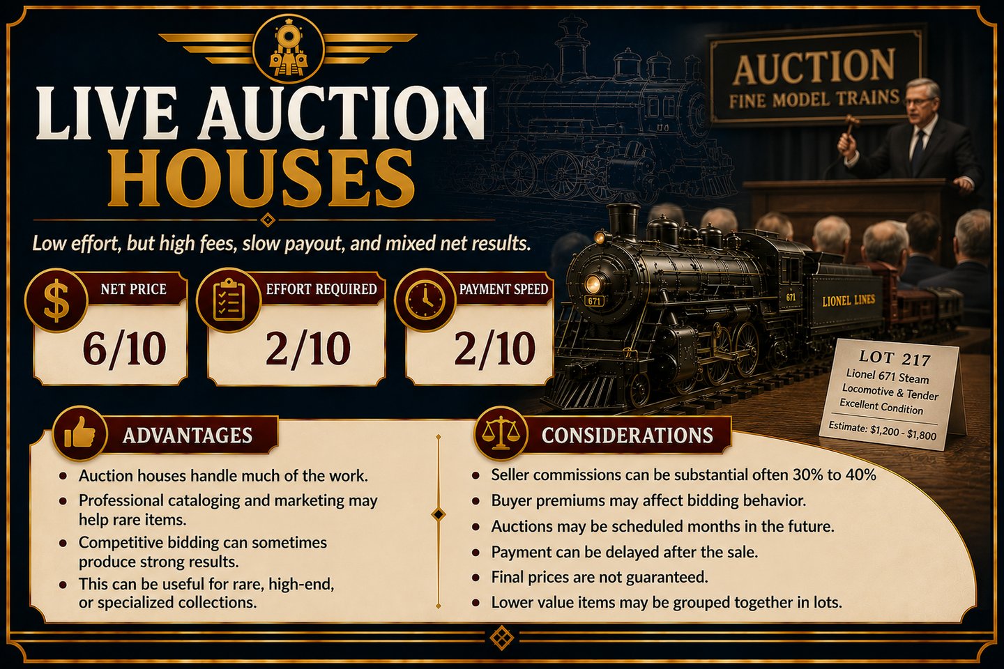 Infographic explaining the advantages and challenges of selling model trains at auction houses.