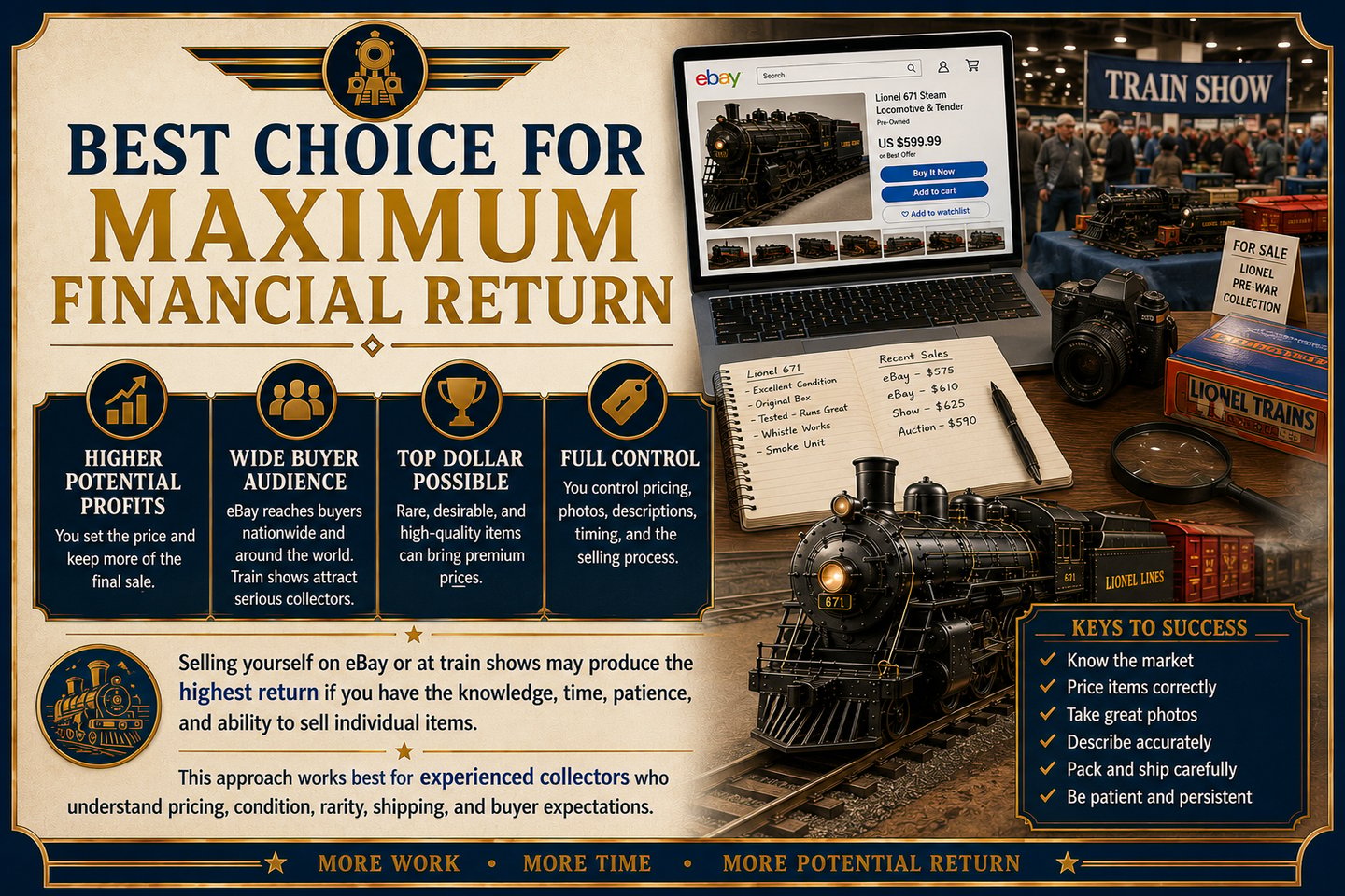 Infographic explaining how to maximize your return when selling a model train collection.