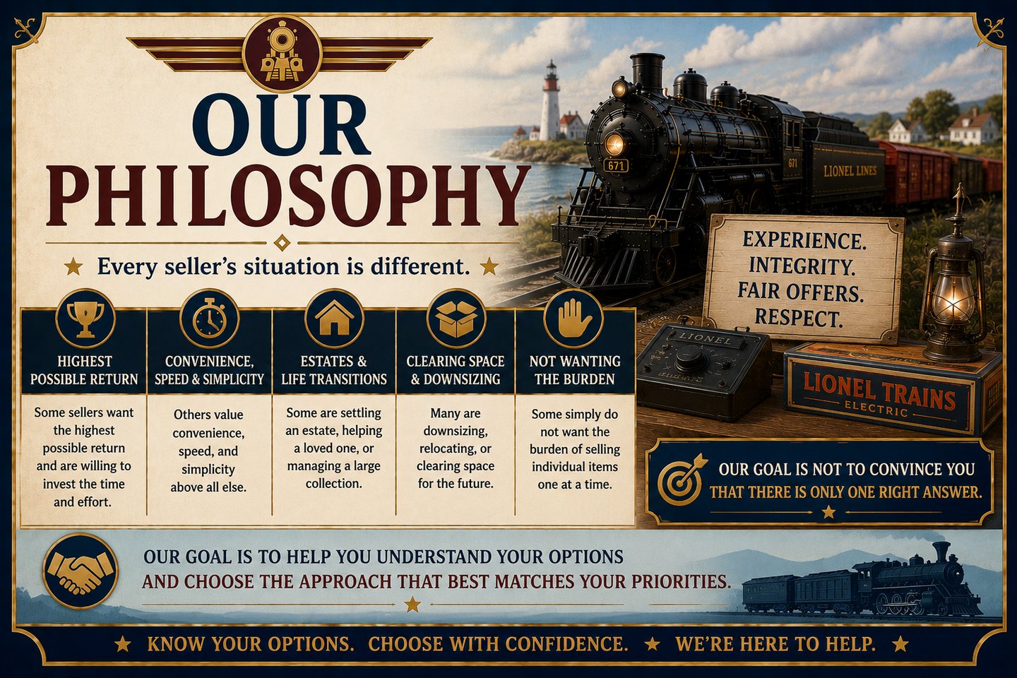 Infographic explaining East Coast Train Buyers' philosophy of helping sellers choose wisely.