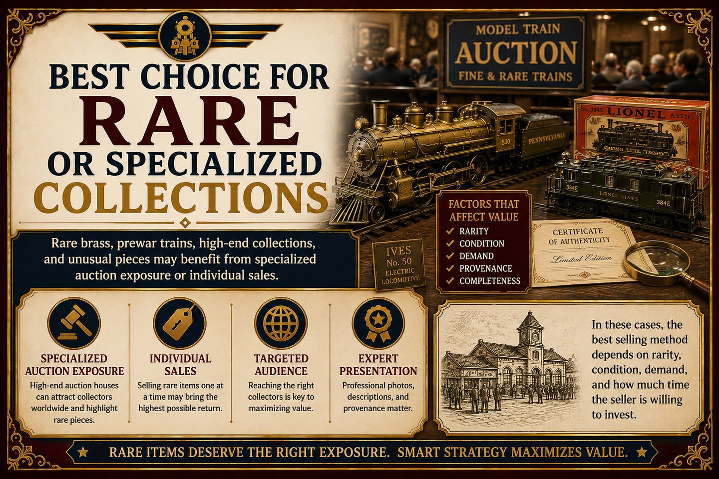 Infographic explaining the best selling methods for rare and specialized model train collections.
