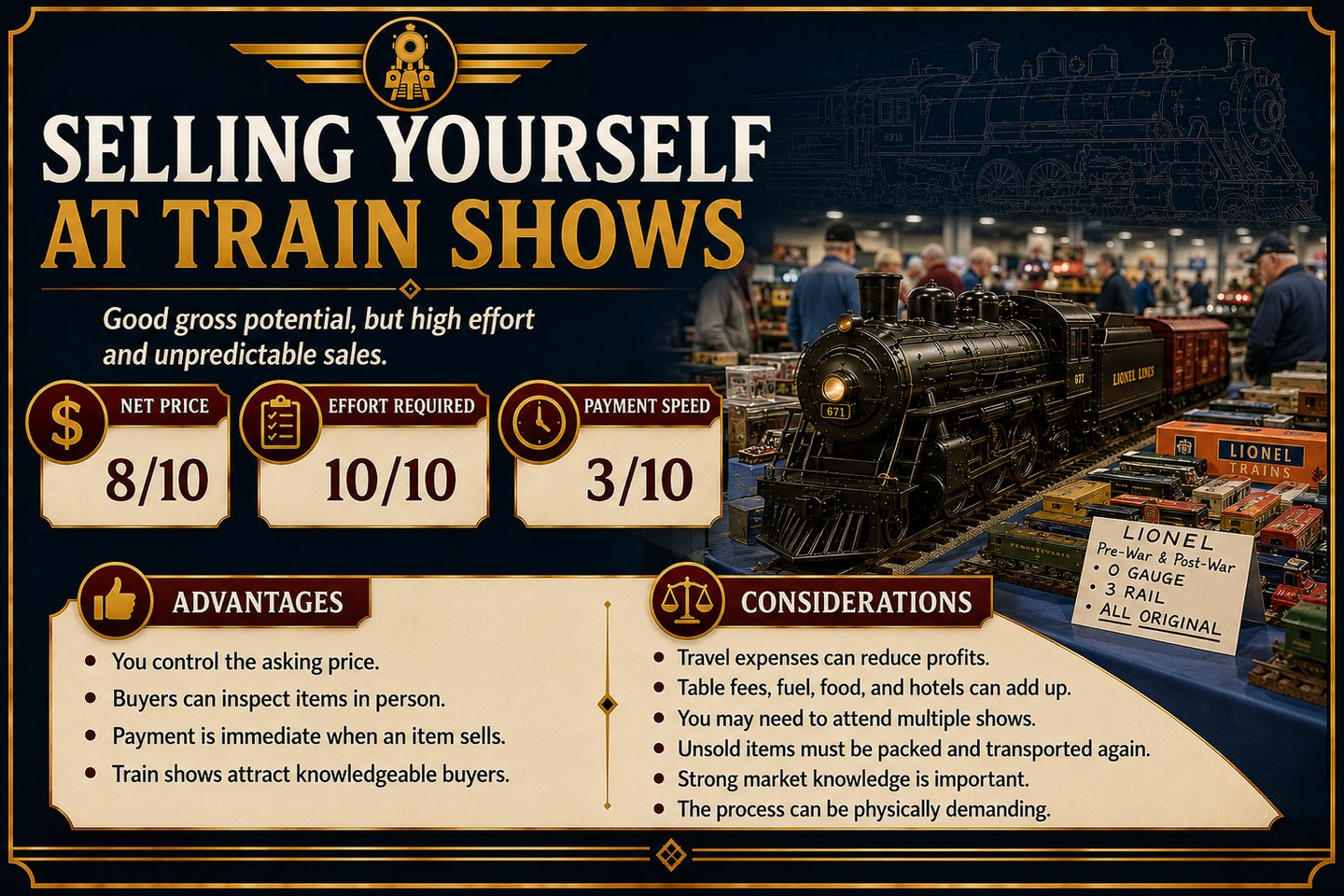 Infographic explaining the advantages and challenges of selling model trains at train shows.