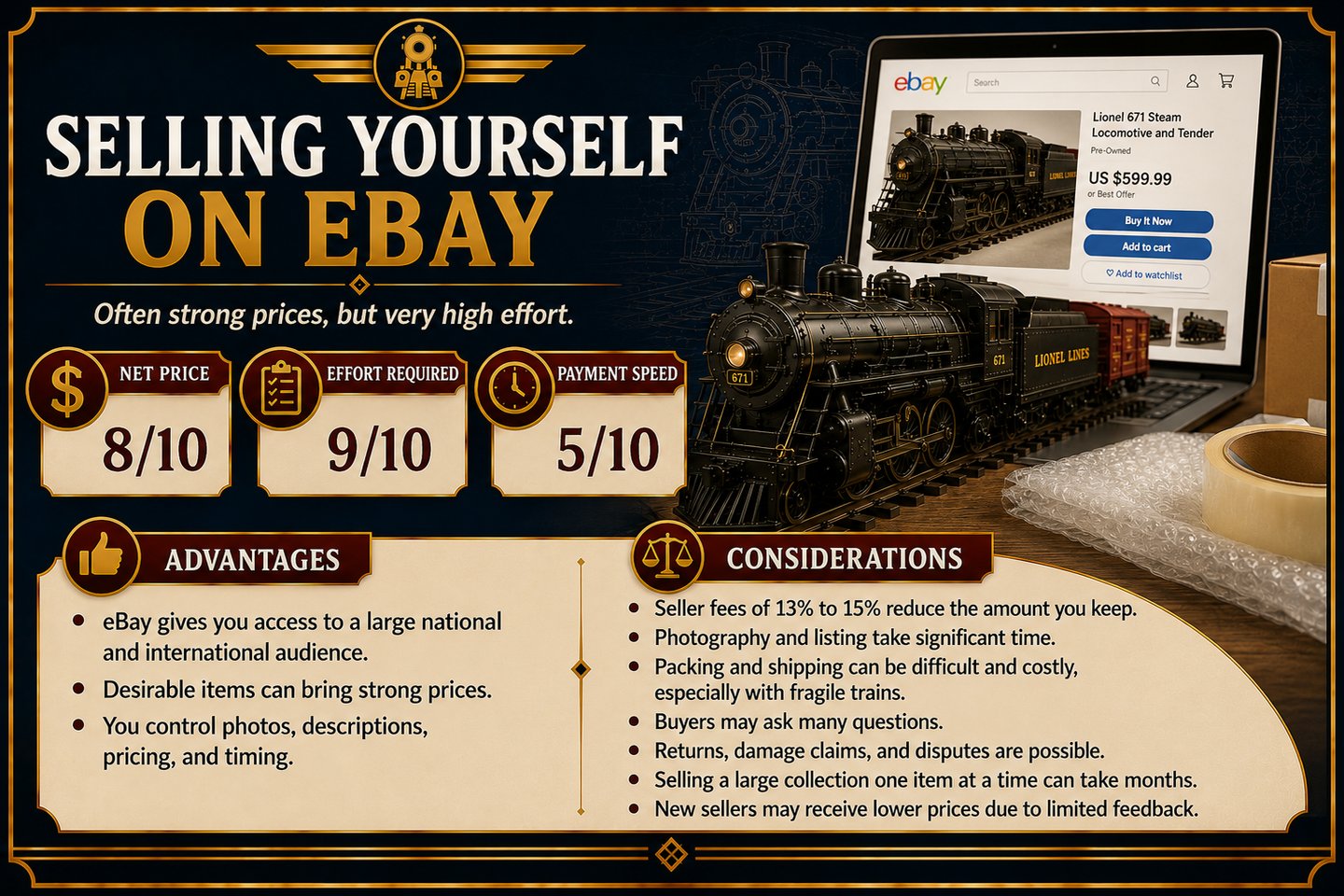 Infographic explaining the advantages and challenges of selling model trains on eBay.