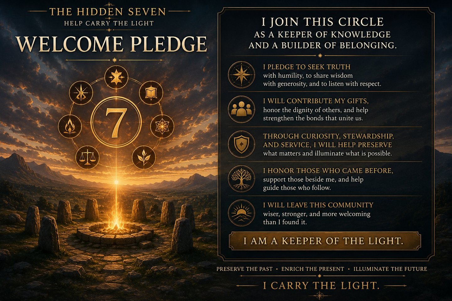 The Hidden Seven Welcome Pledge graphic featuring a campfire circle and keeper of light community values.