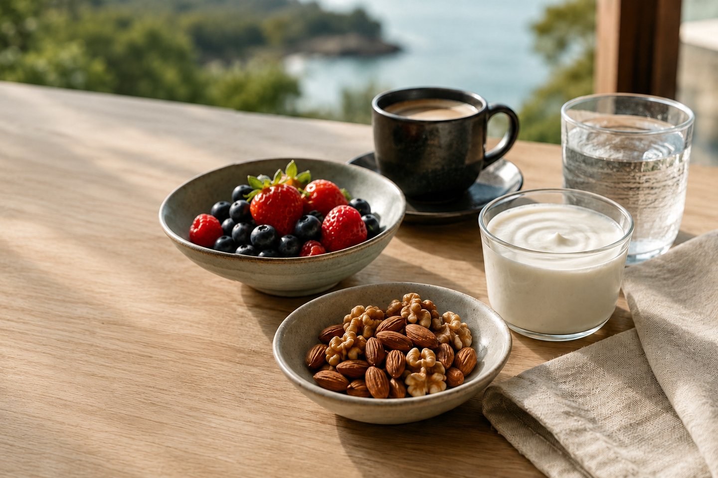 Collation RPL+ avec du fromage blanc, des noix et amandes, des fruits rouges et un café.