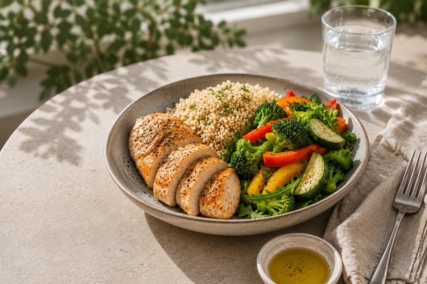 Déjeuner RPL+ équilibré avec protéines, quinoa, légumes et huile d'olive.