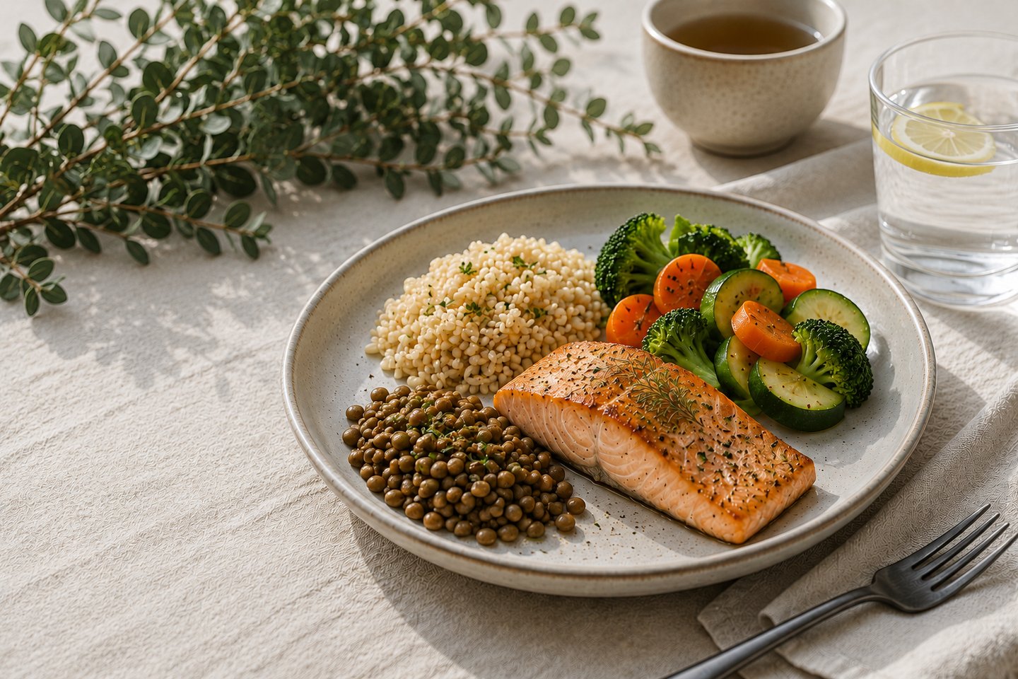 Dîner RPL+ avec une assiette composée de saumon, légumes, lentilles et quinoa. Léger pour le soir.