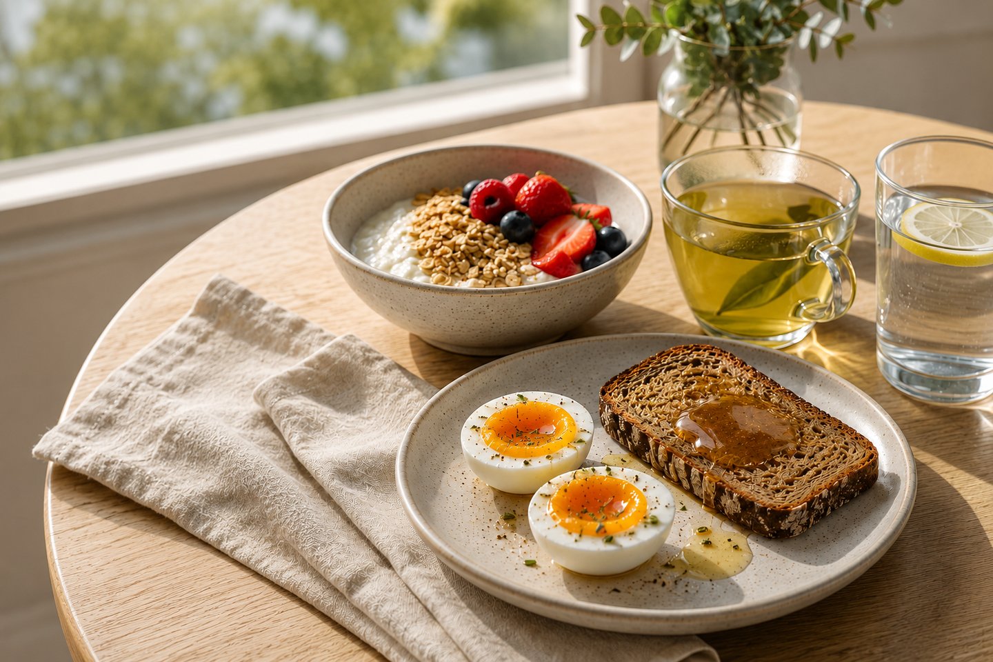 Un petit déjeuner équilibré et plein d'énergie avec des oeufs, tartines de sarrasin et miel, du thé vert, fruits rouges