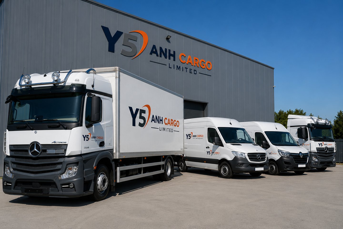 A fleet of Y5 Anh Cargo logistics trucks and delivery vans parked outside a distribution warehouse.