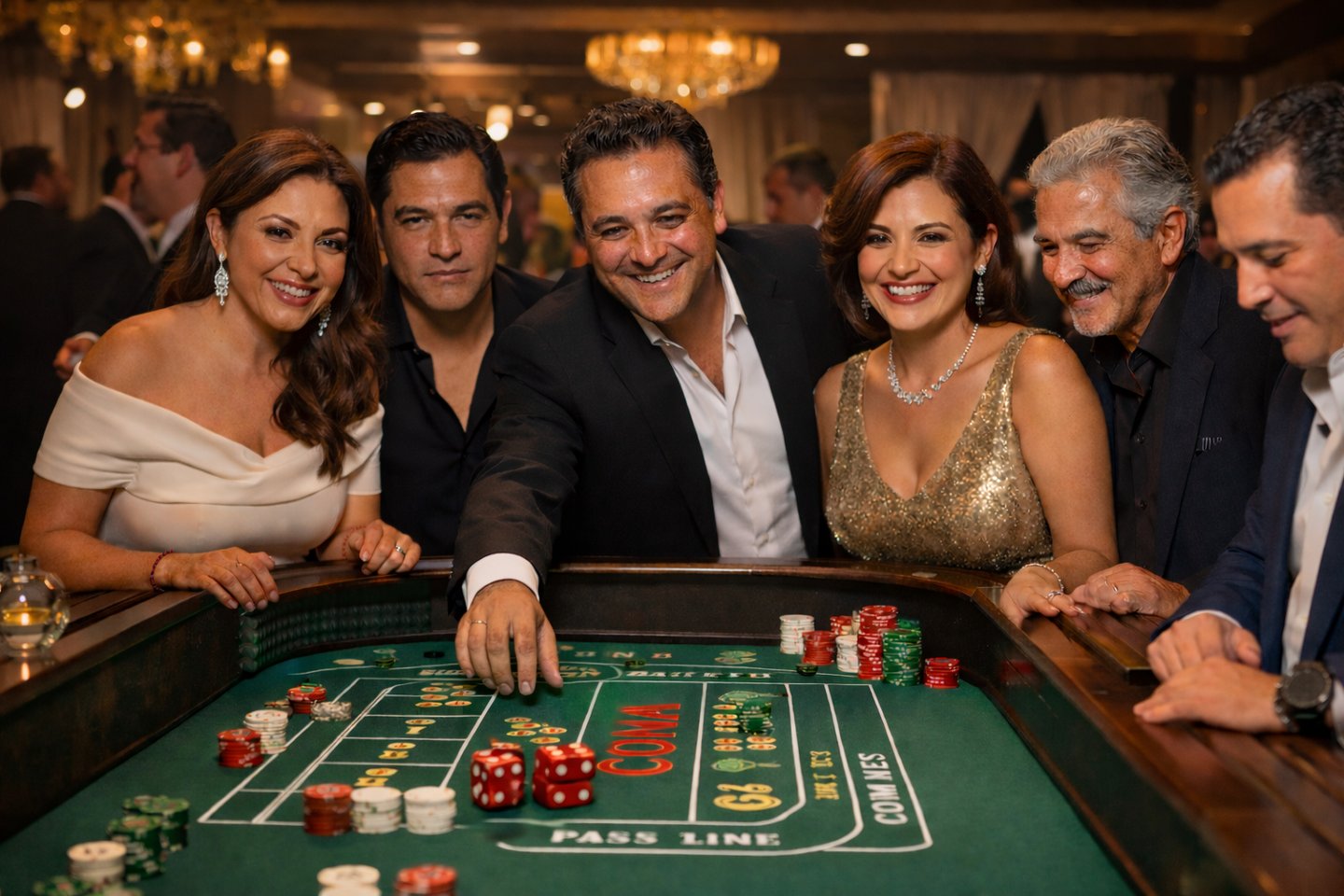 a group of smiling hispanic people playing craps