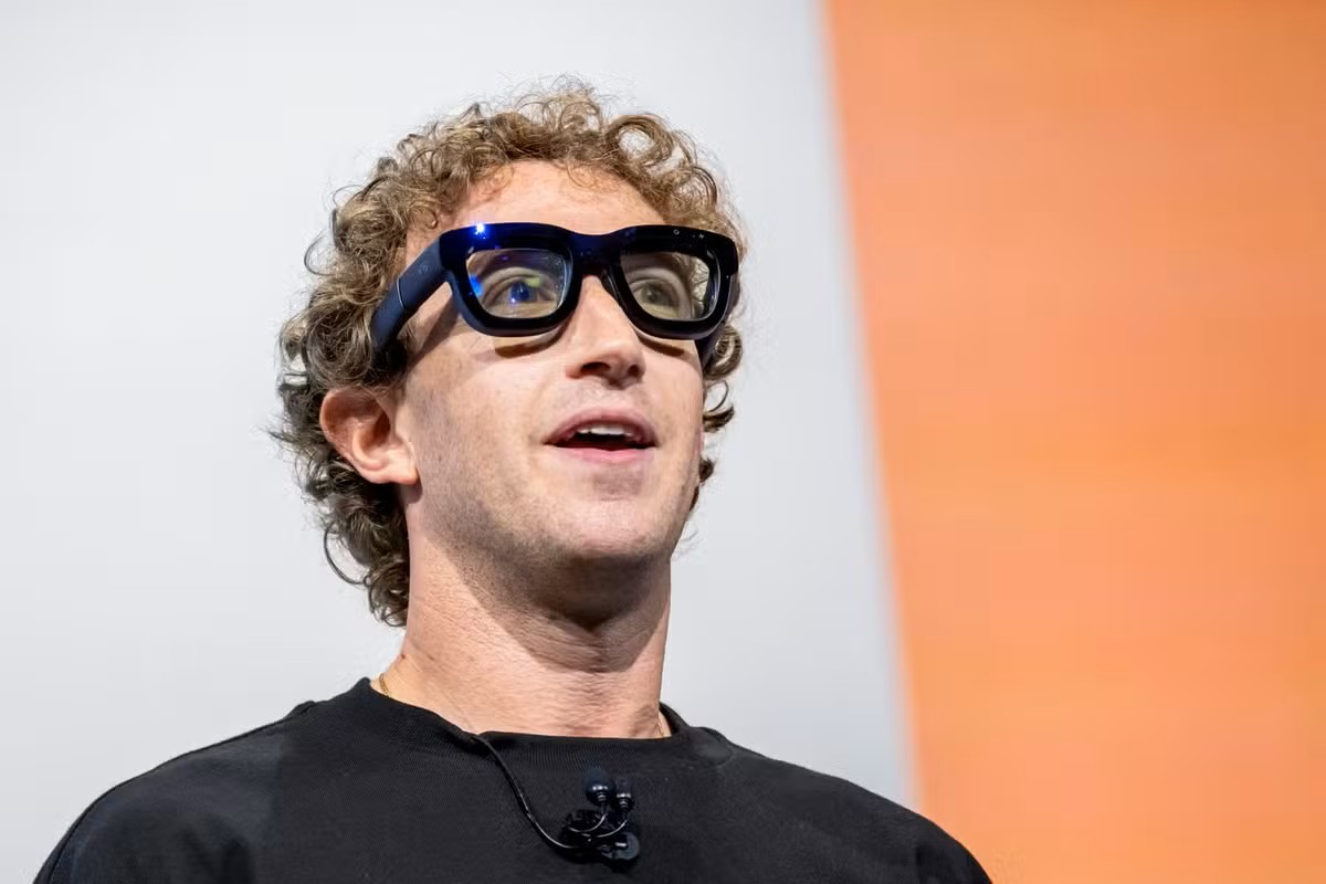 Mark Zuckerberg wearing Orion AR smart glasses prototype during a Meta Connect keynote presentation.